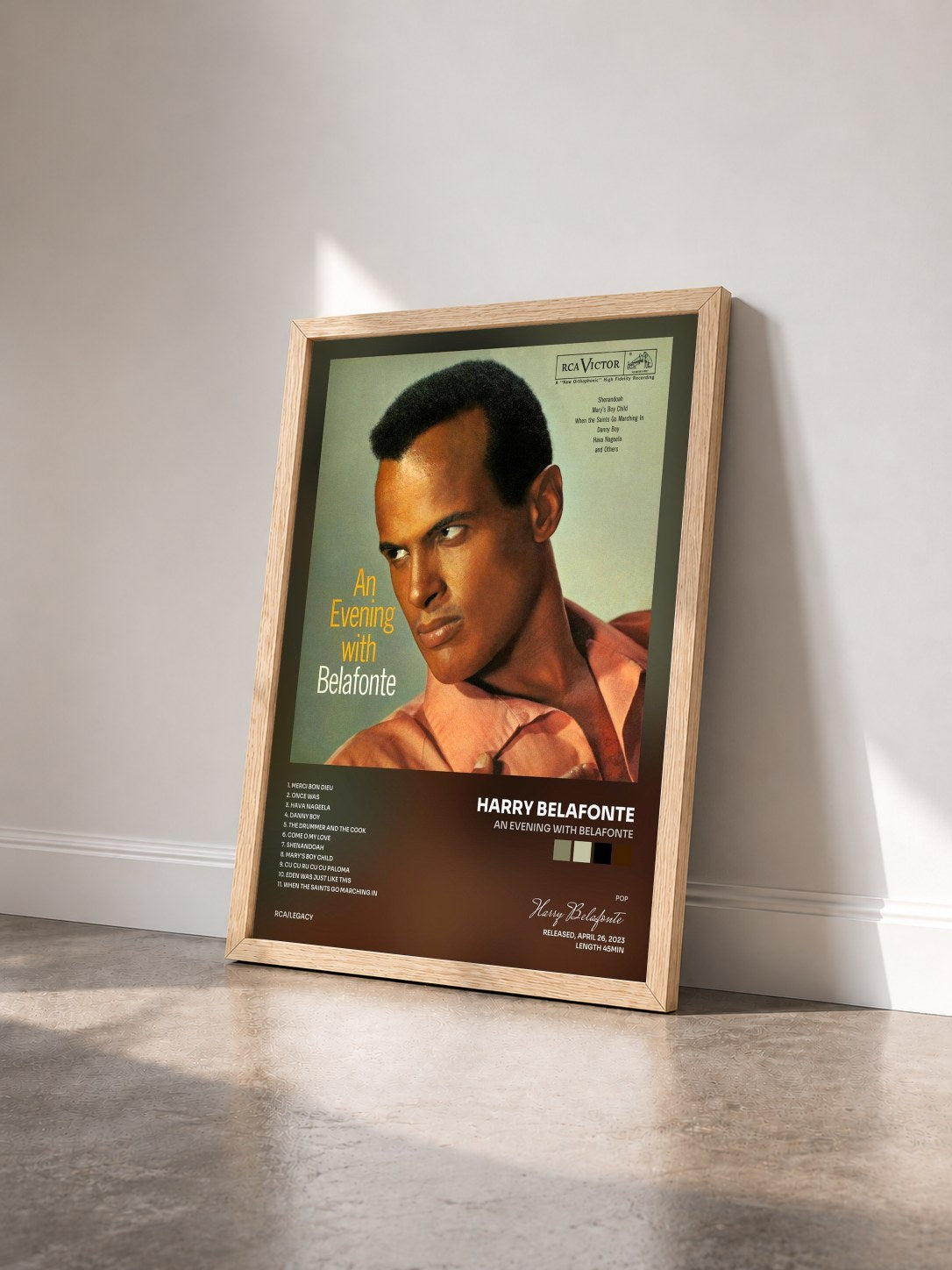 #bois Tableau de l'album An Evening with Belafonte de Harry Belafonte vu de trois quarts, cadre en bois brut
