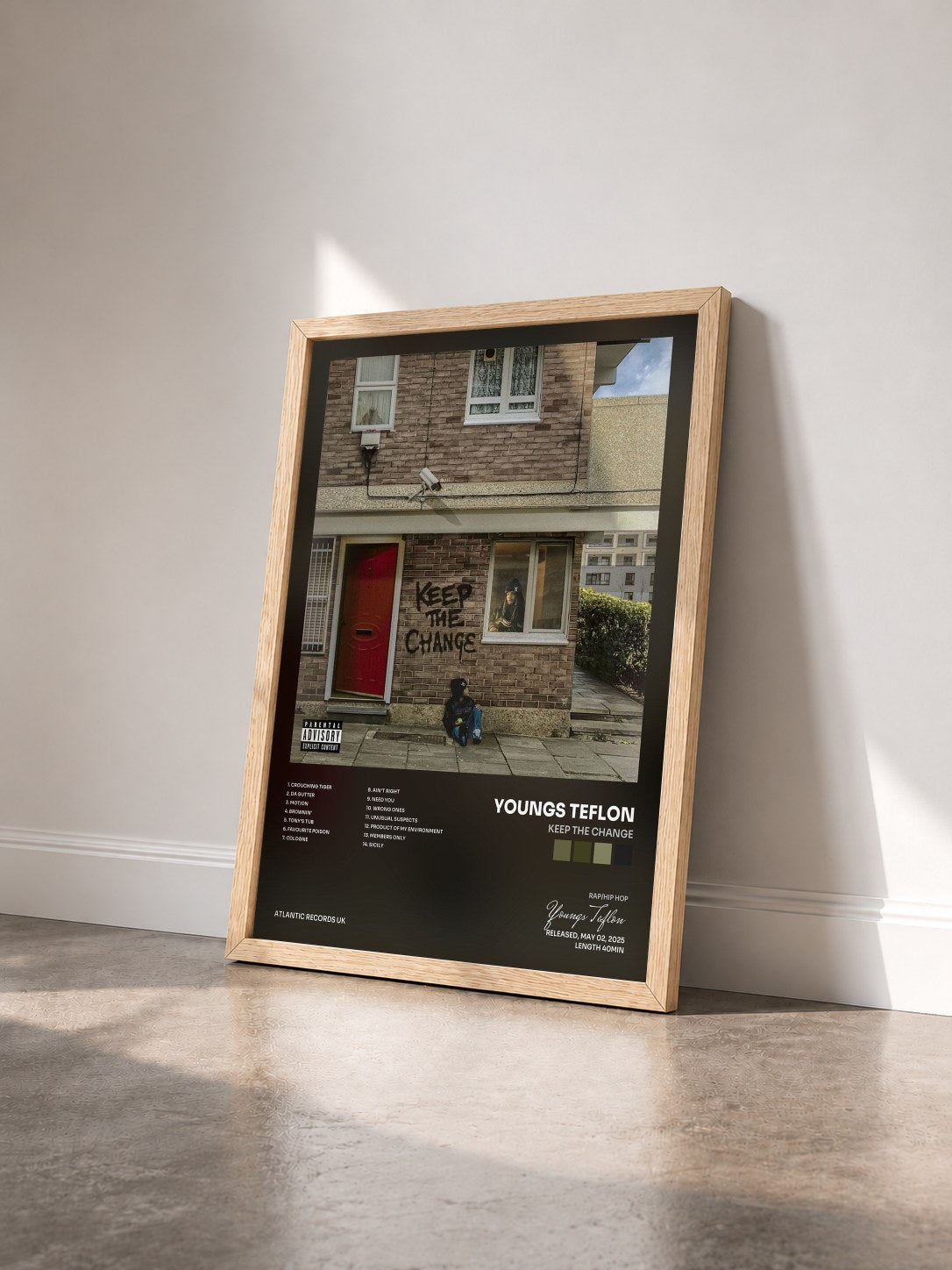 #bois Tableau de l'album Keep The Change de Youngs Teflon vu de trois quarts, cadre en bois brut