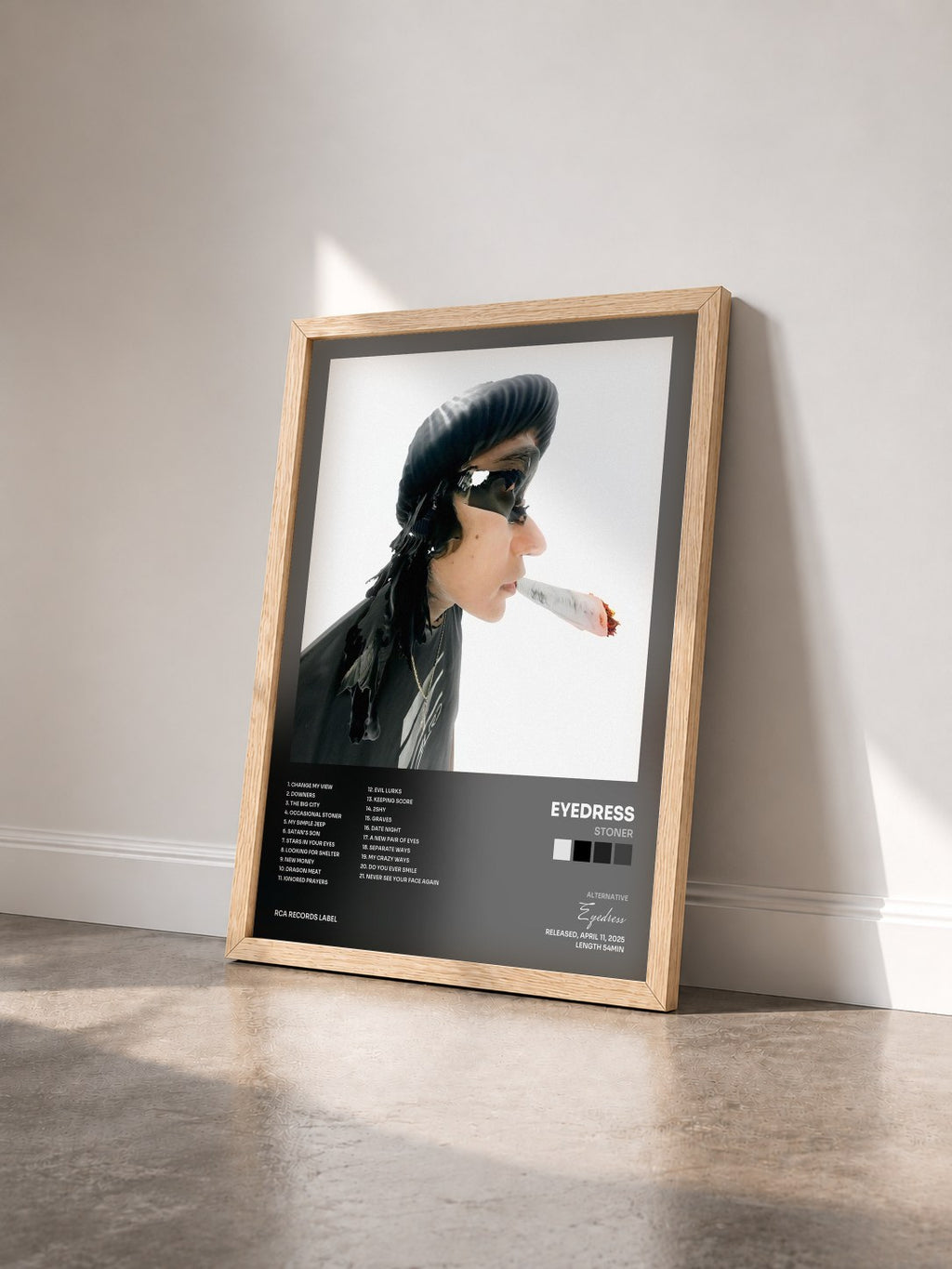 #bois Tableau de l'album Stoner de Eyedress vu de trois quarts, cadre en bois brut