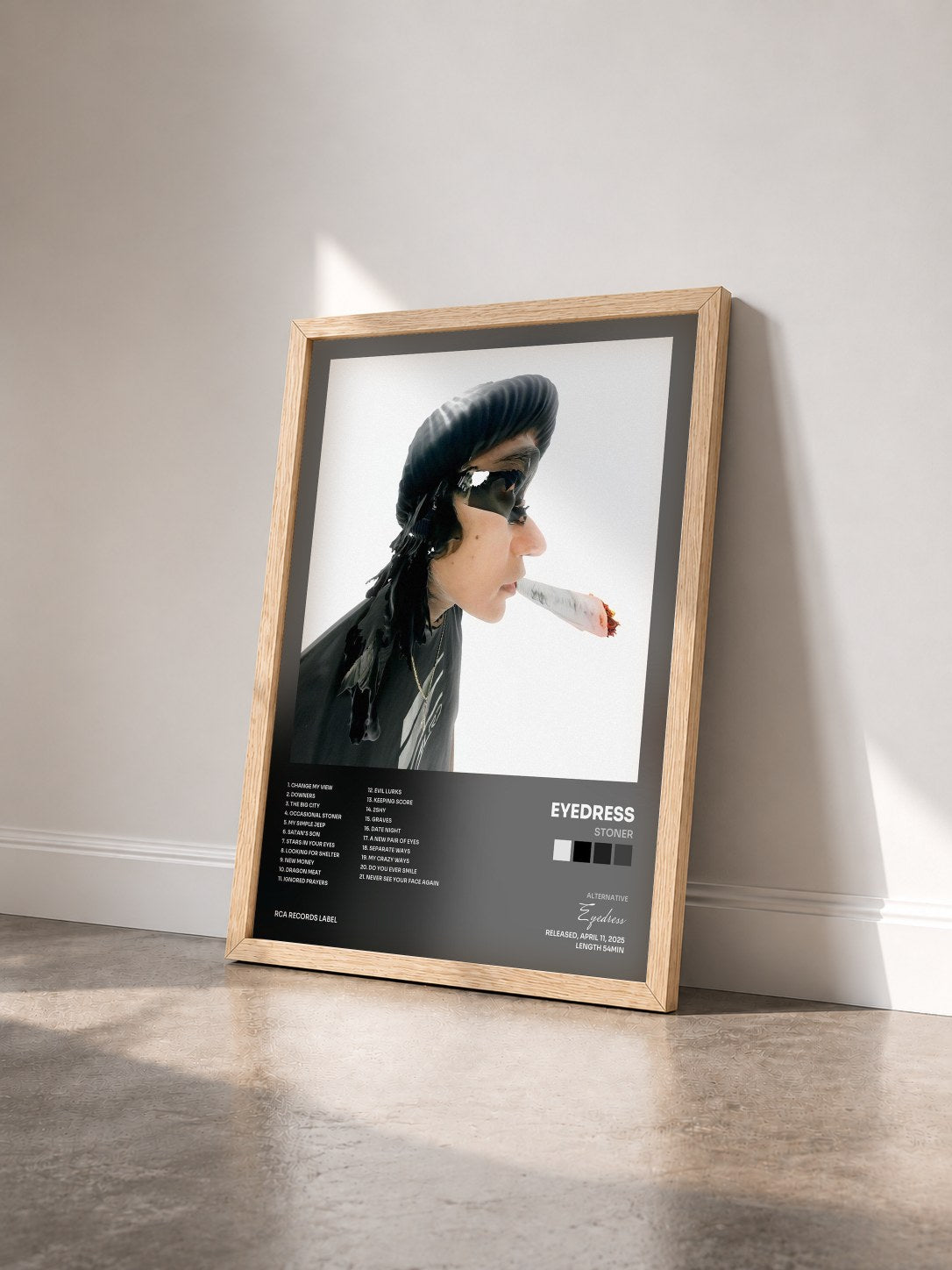 #bois Tableau de l'album Stoner de Eyedress vu de trois quarts, cadre en bois brut