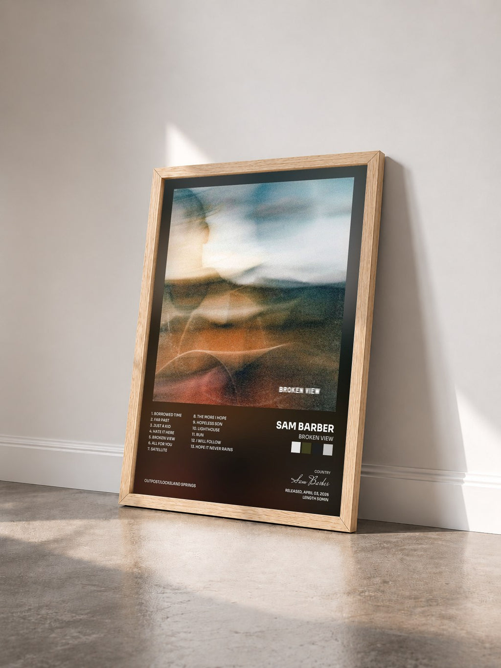 #bois Tableau de l'album Broken View de Sam Barber vu de trois quarts, cadre en bois brut