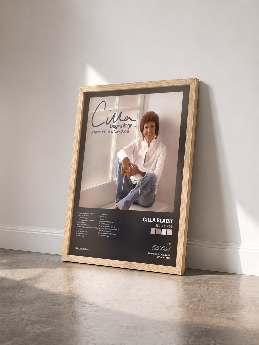#bois Tableau de l'album Beginnings de Cilla Black vu de trois quarts, cadre en bois brut