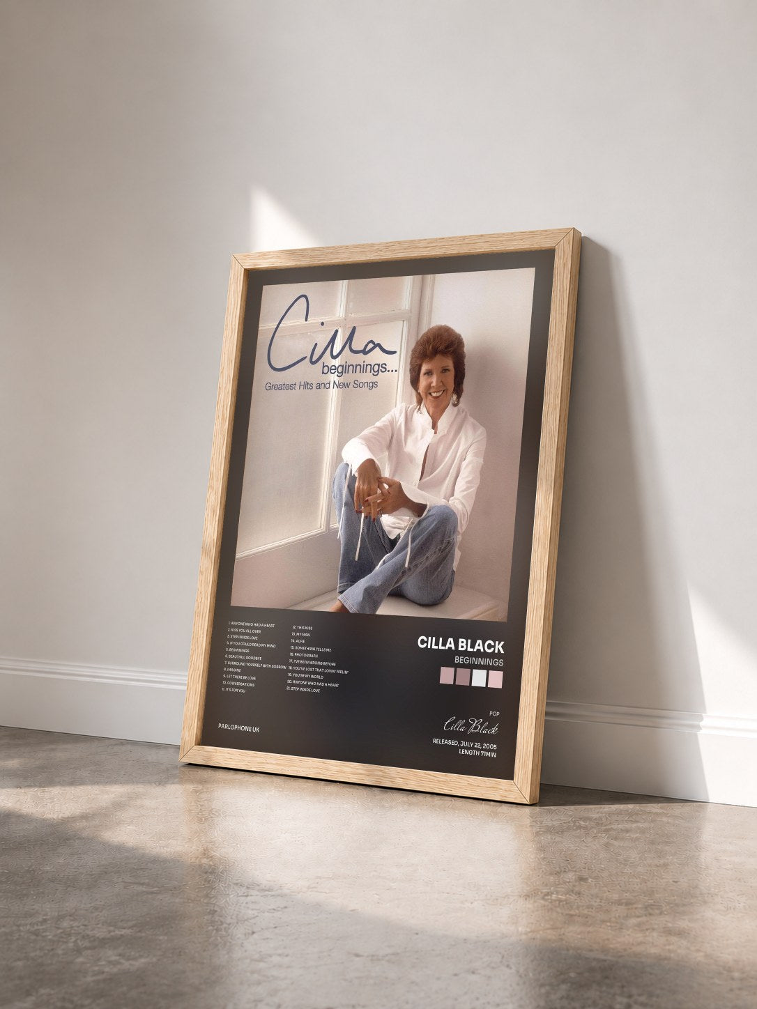 #bois Tableau de l'album Beginnings de Cilla Black vu de trois quarts, cadre en bois brut