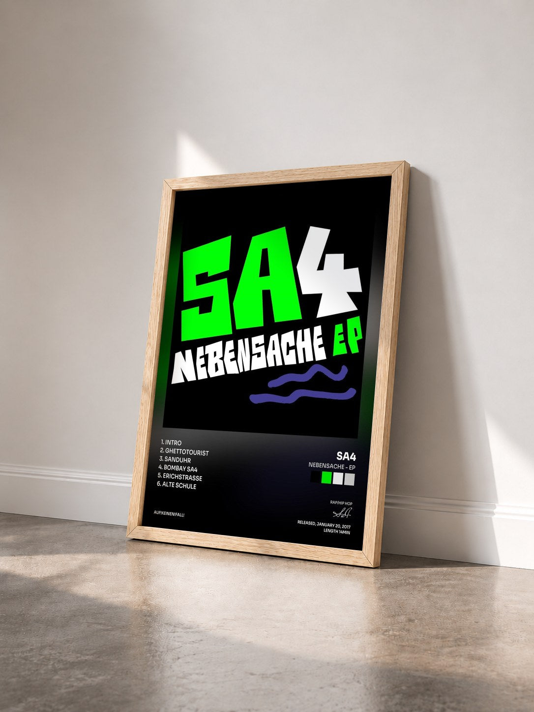 #bois Tableau de l'album Nebensache - EP de Sa4 vu de trois quarts, cadre en bois brut