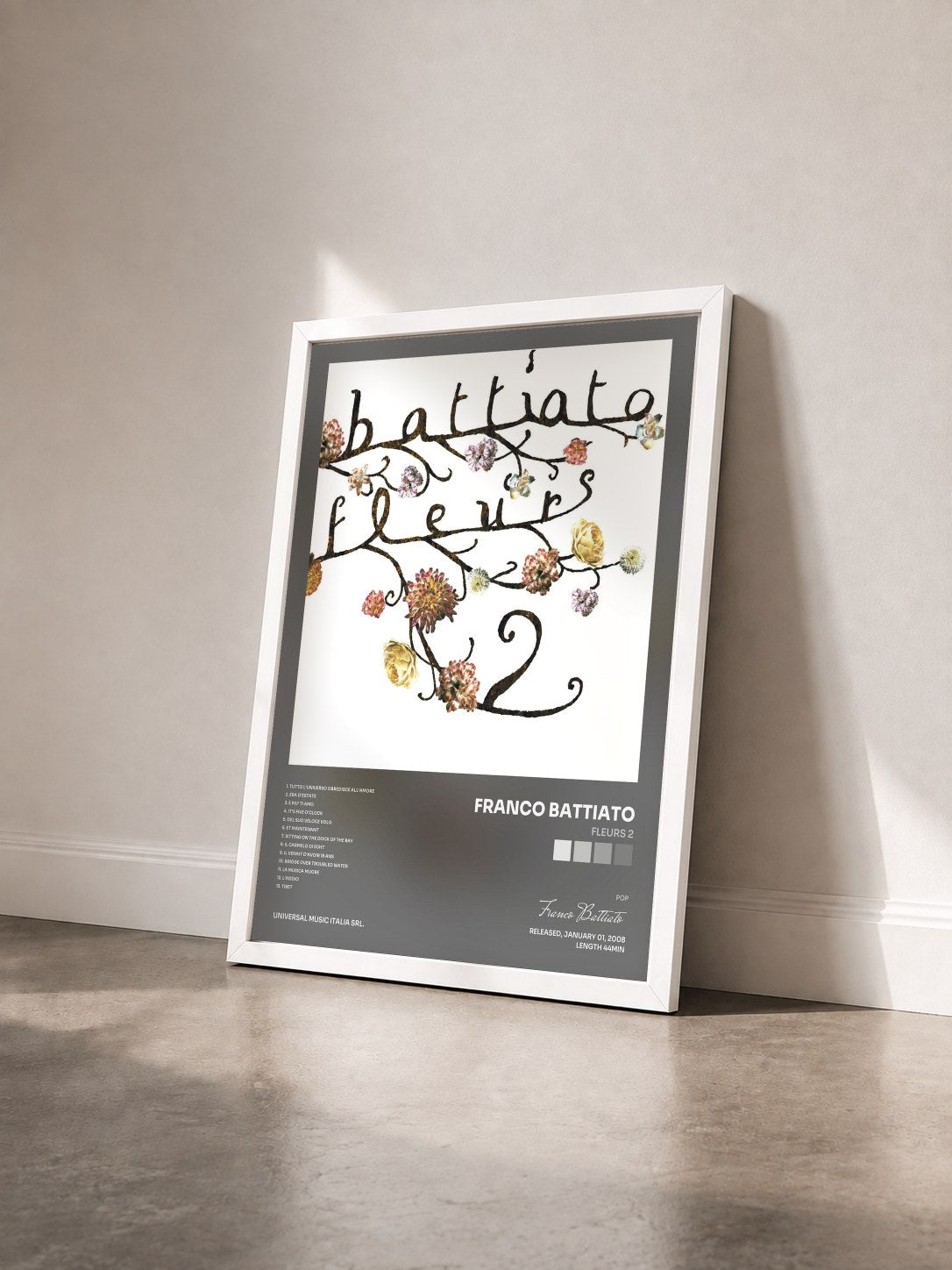 #blanc Tableau de l'album Fleurs 2 de Franco Battiato vu de trois quarts, cadre blanc