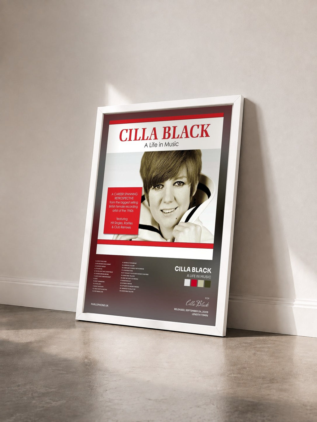 #blanc Tableau de l'album A Life in Music de Cilla Black vu de trois quarts, cadre blanc