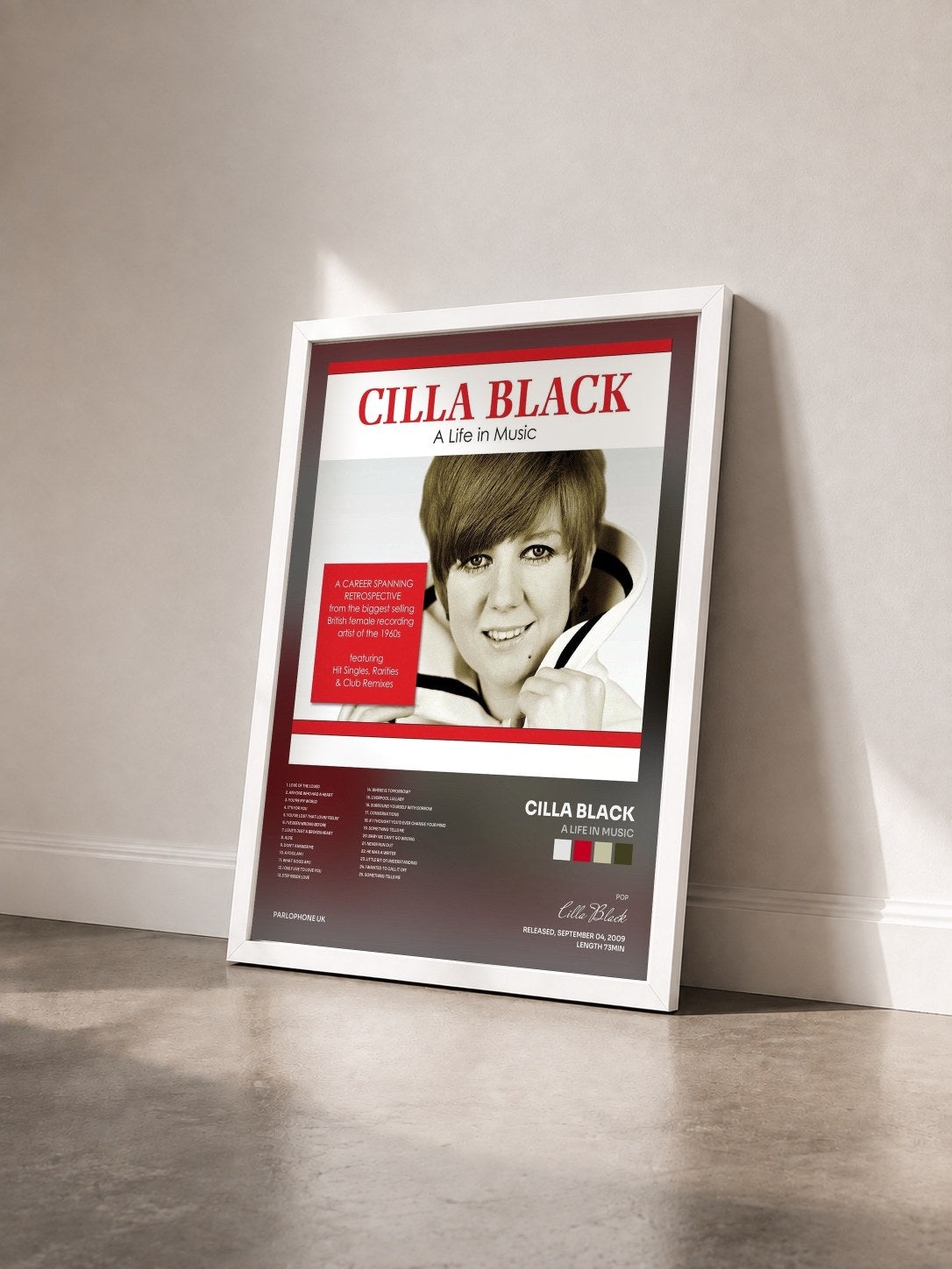 #blanc Tableau de l'album A Life in Music de Cilla Black vu de trois quarts, cadre blanc