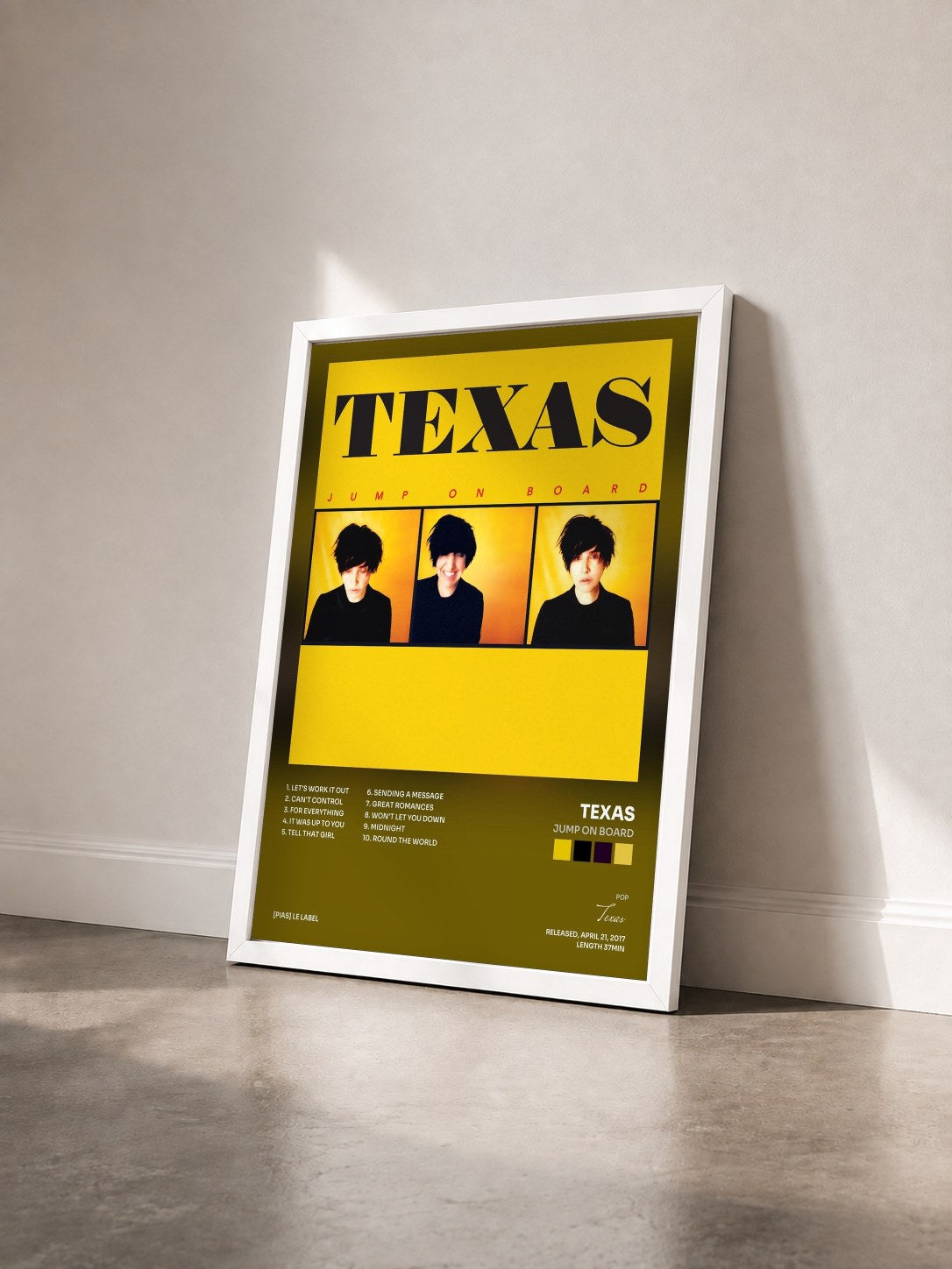 #blanc Tableau de l'album Jump on Board de Texas vu de trois quarts, cadre blanc