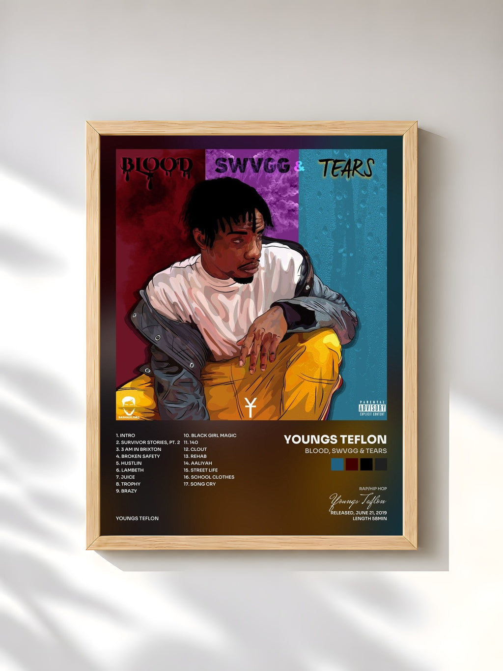#bois Tableau de l'album Blood, Swvgg & Tears de Youngs Teflon, cadre en bois brut, imprimé et encadré en France