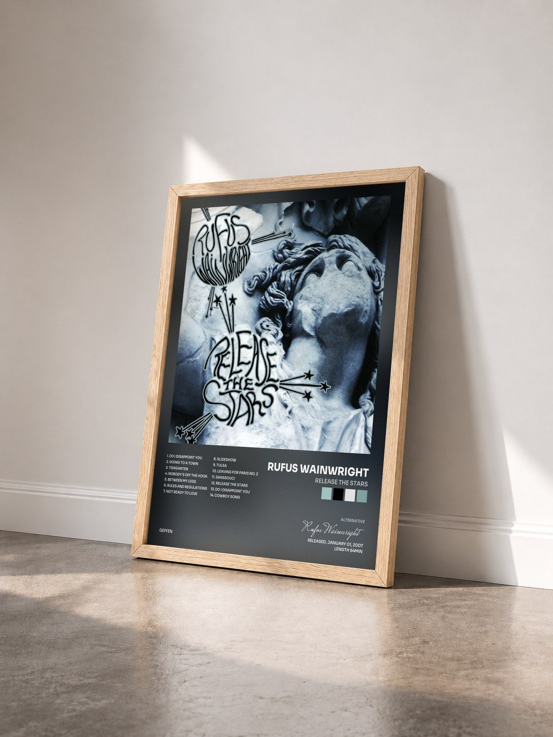 #bois Tableau de l'album Release The Stars de Rufus Wainwright vu de trois quarts, cadre en bois brut