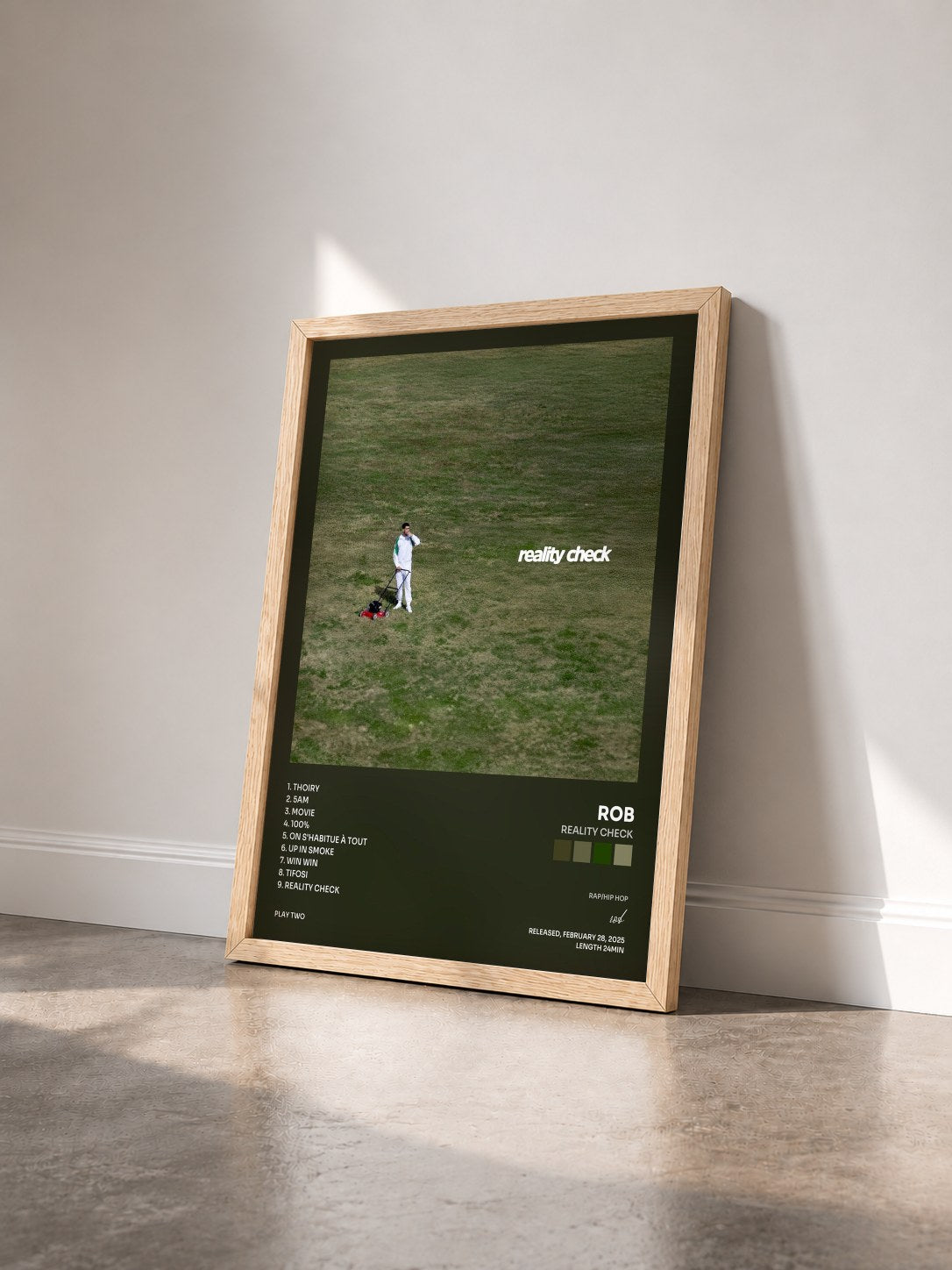 #bois Tableau de l'album Reality Check de rob vu de trois quarts, cadre en bois brut