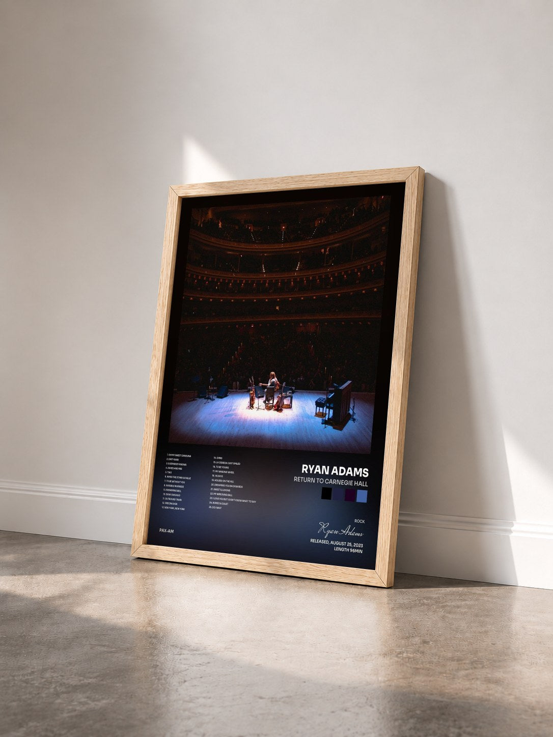 #bois Tableau de l'album Return to Carnegie Hall de Ryan Adams vu de trois quarts, cadre en bois brut