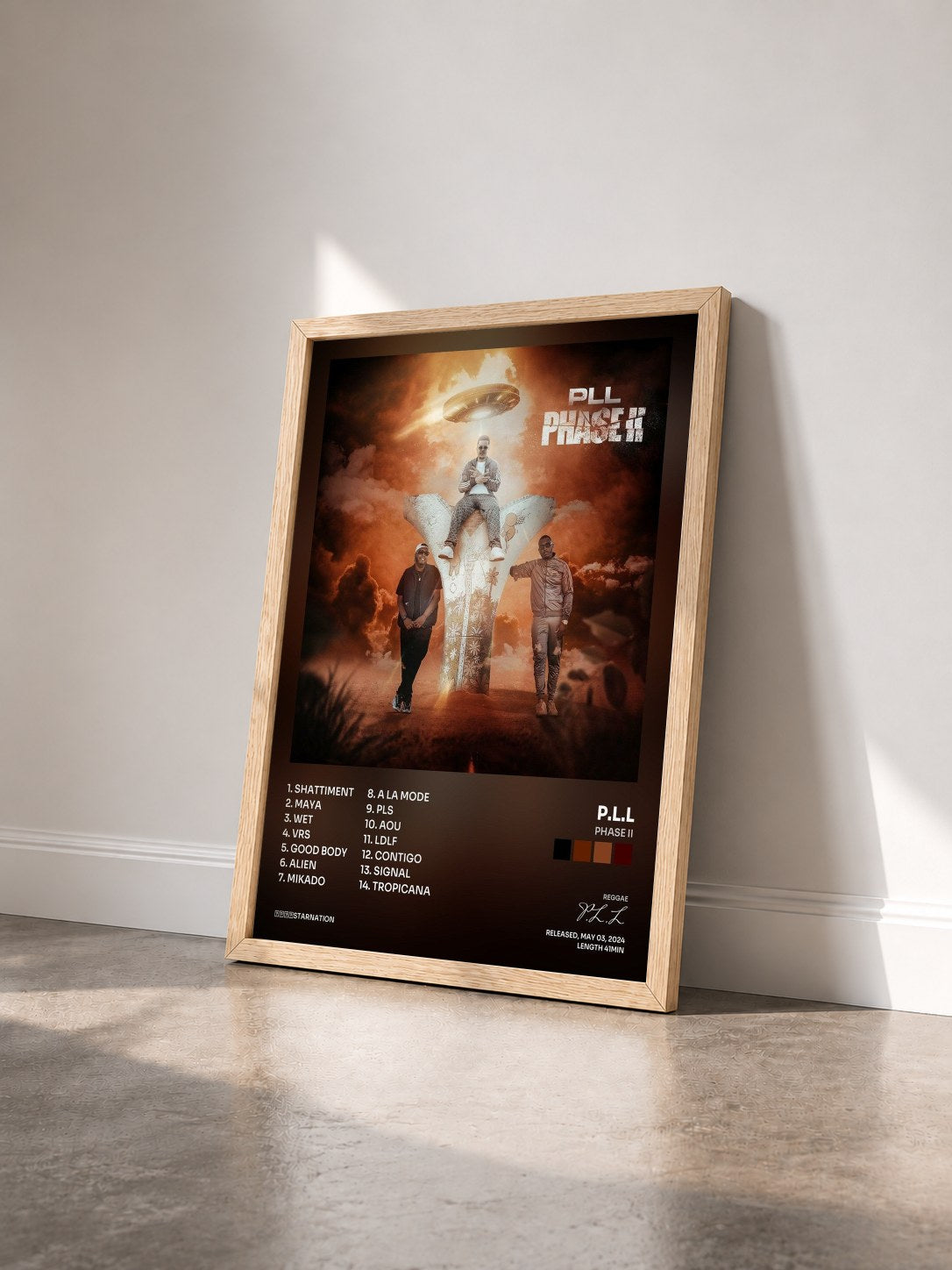 #bois Tableau de l'album Phase II de P.L.L vu de trois quarts, cadre en bois brut