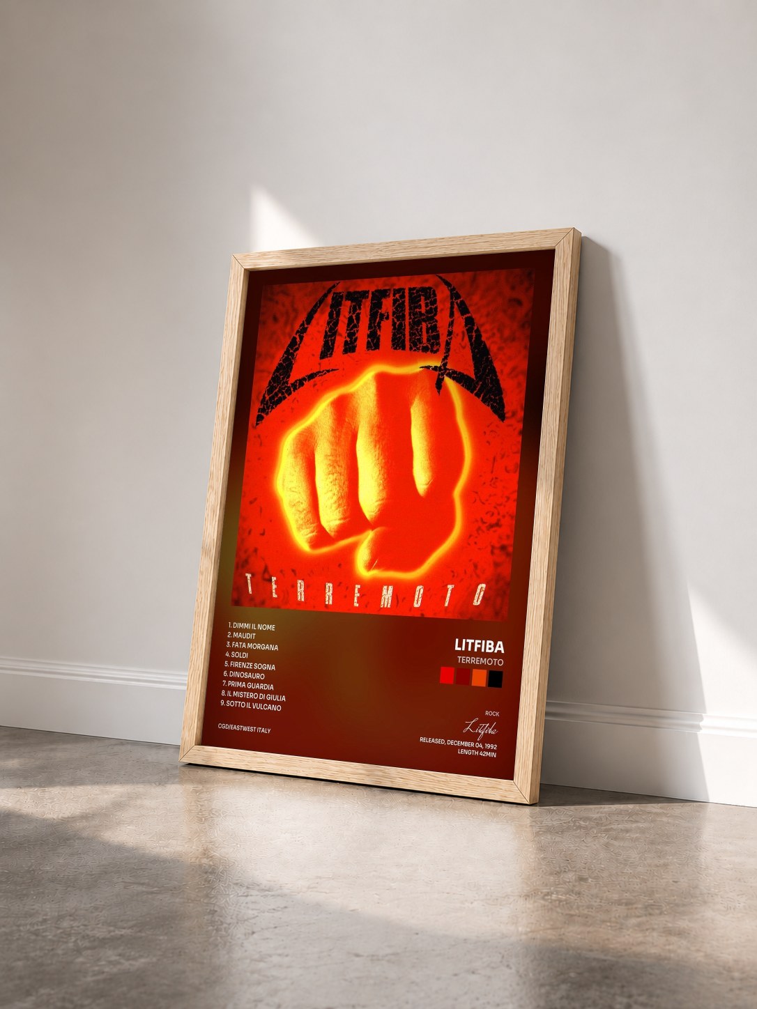 #bois Tableau de l'album Terremoto de Litfiba vu de trois quarts, cadre en bois brut