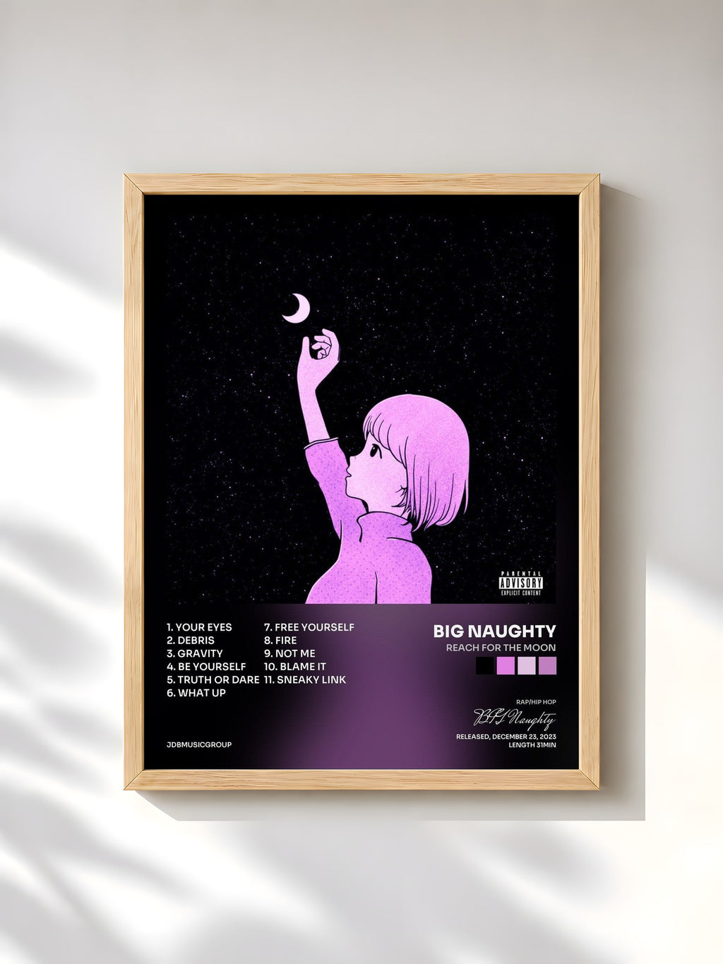 #bois Tableau de l'album Reach for the Moon de BIG Naughty, cadre en bois brut, imprimé et encadré en France