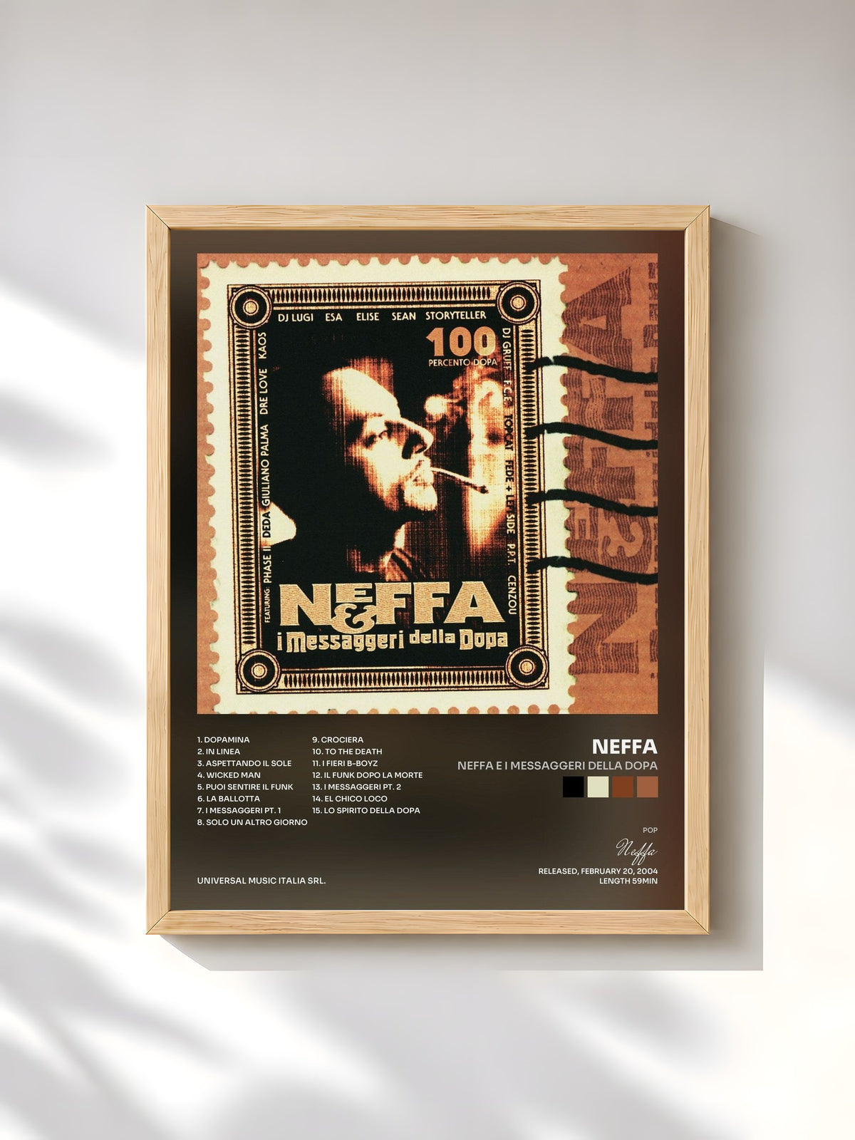 #bois Tableau de l'album Neffa E I Messaggeri Della Dopa de Neffa, cadre en bois brut, imprimé et encadré en France