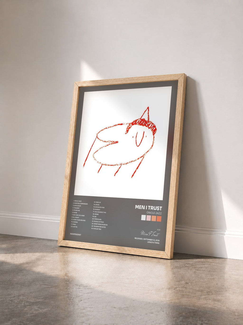 #bois Tableau de l'album Oncle Jazz de Men I Trust vu de trois quarts, cadre en bois brut