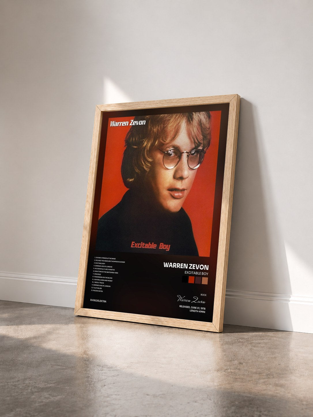 #bois Tableau de l'album Excitable Boy de Warren Zevon vu de trois quarts, cadre en bois brut