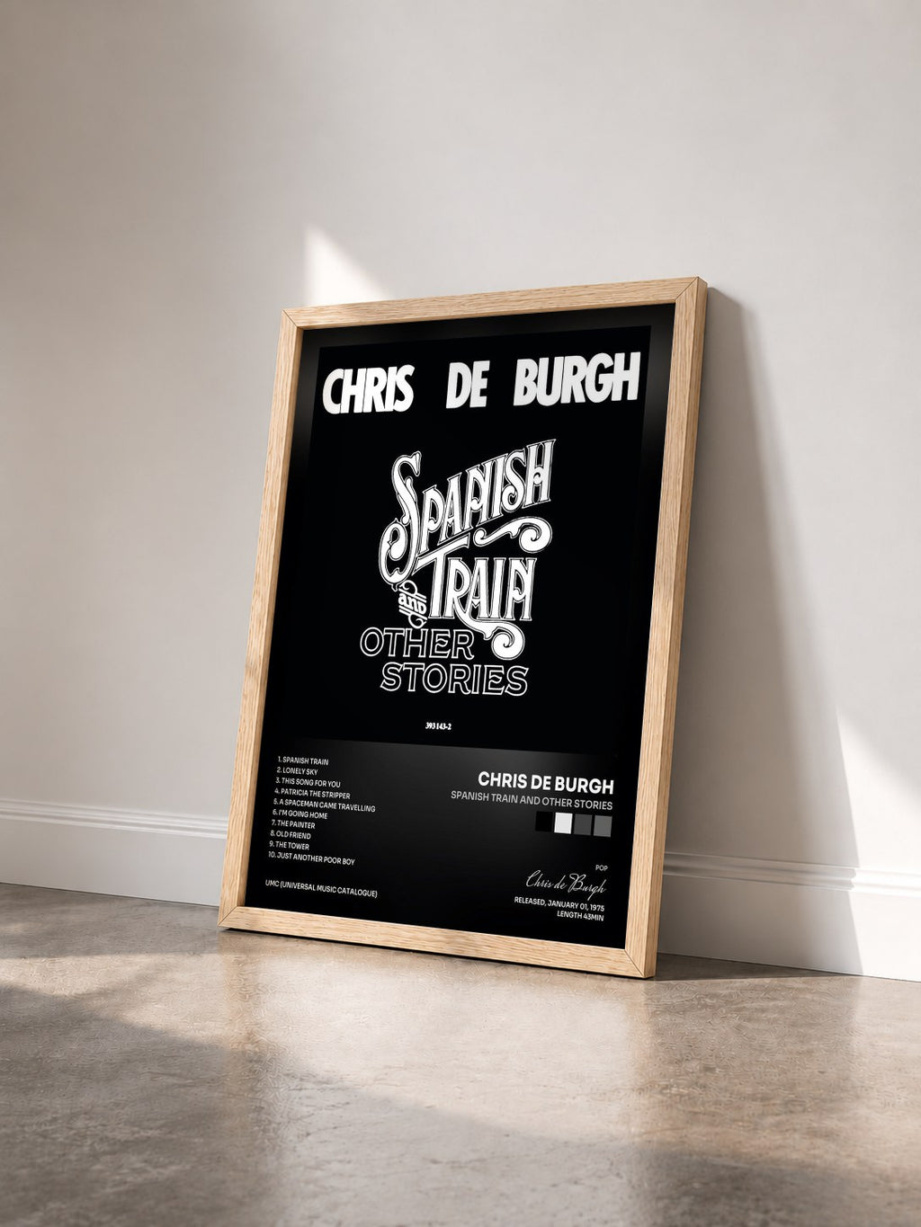 #bois Tableau de l'album Spanish Train And Other Stories de Chris de Burgh vu de trois quarts, cadre en bois brut