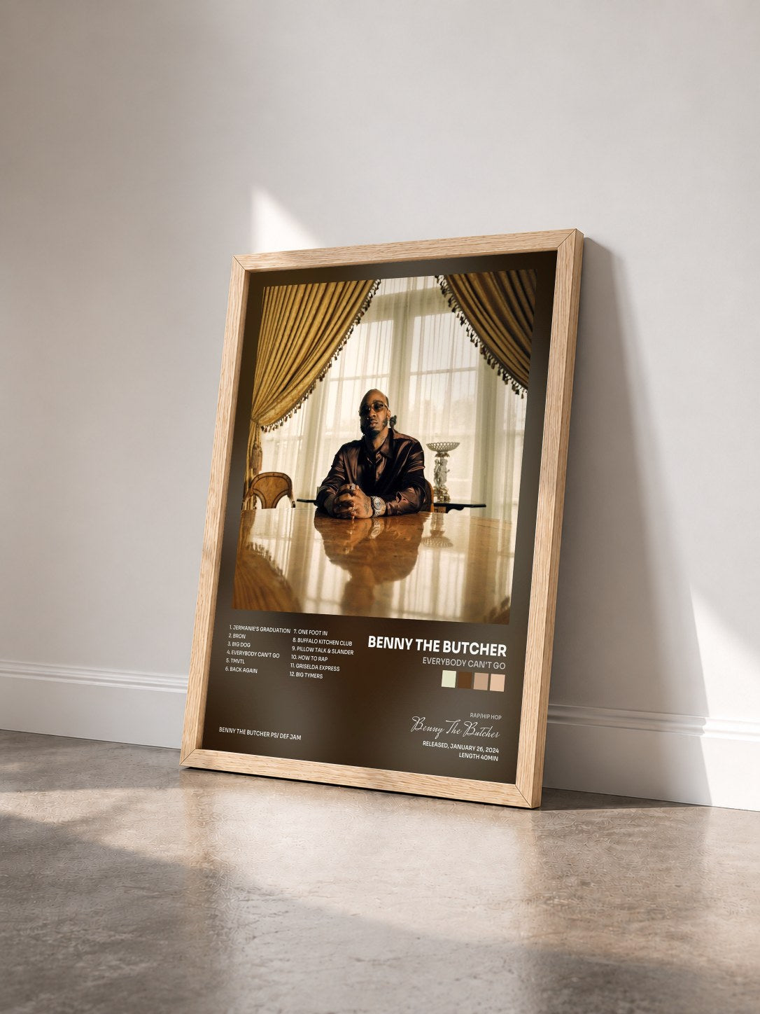 #bois Tableau de l'album Everybody Can't Go de Benny The Butcher vu de trois quarts, cadre en bois brut