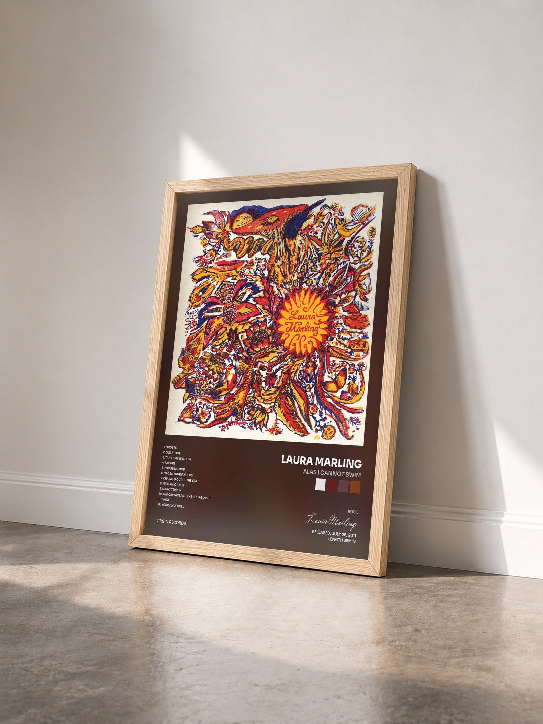 #bois Tableau de l'album Alas I Cannot Swim de Laura Marling vu de trois quarts, cadre en bois brut