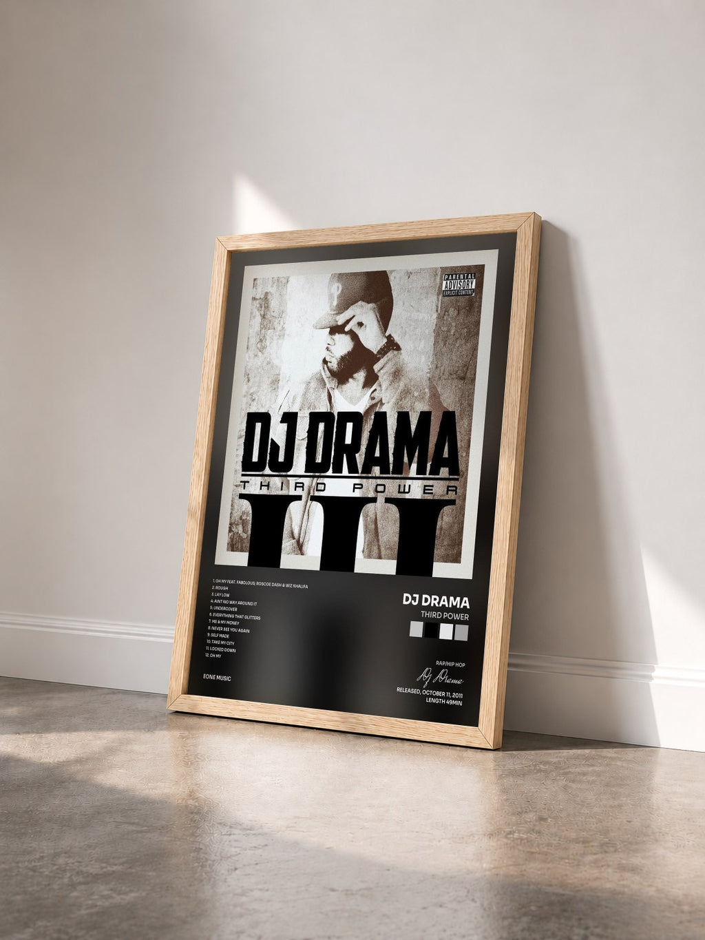 #bois Tableau de l'album Third Power de Dj Drama vu de trois quarts, cadre en bois brut