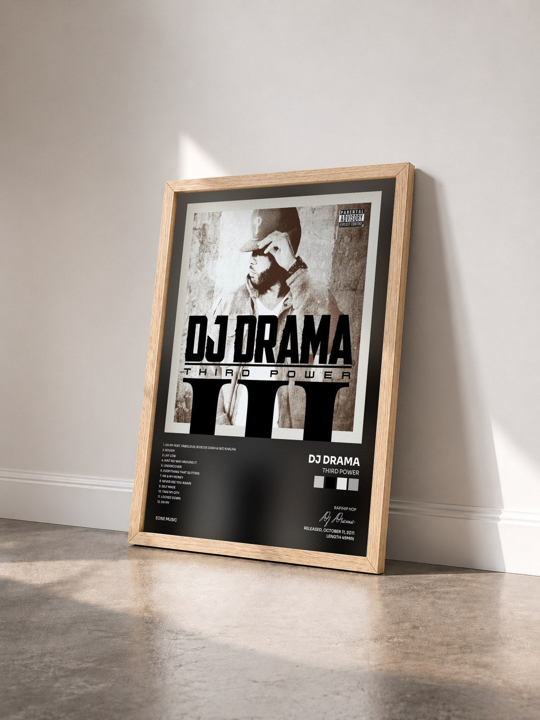 #bois Tableau de l'album Third Power de Dj Drama vu de trois quarts, cadre en bois brut