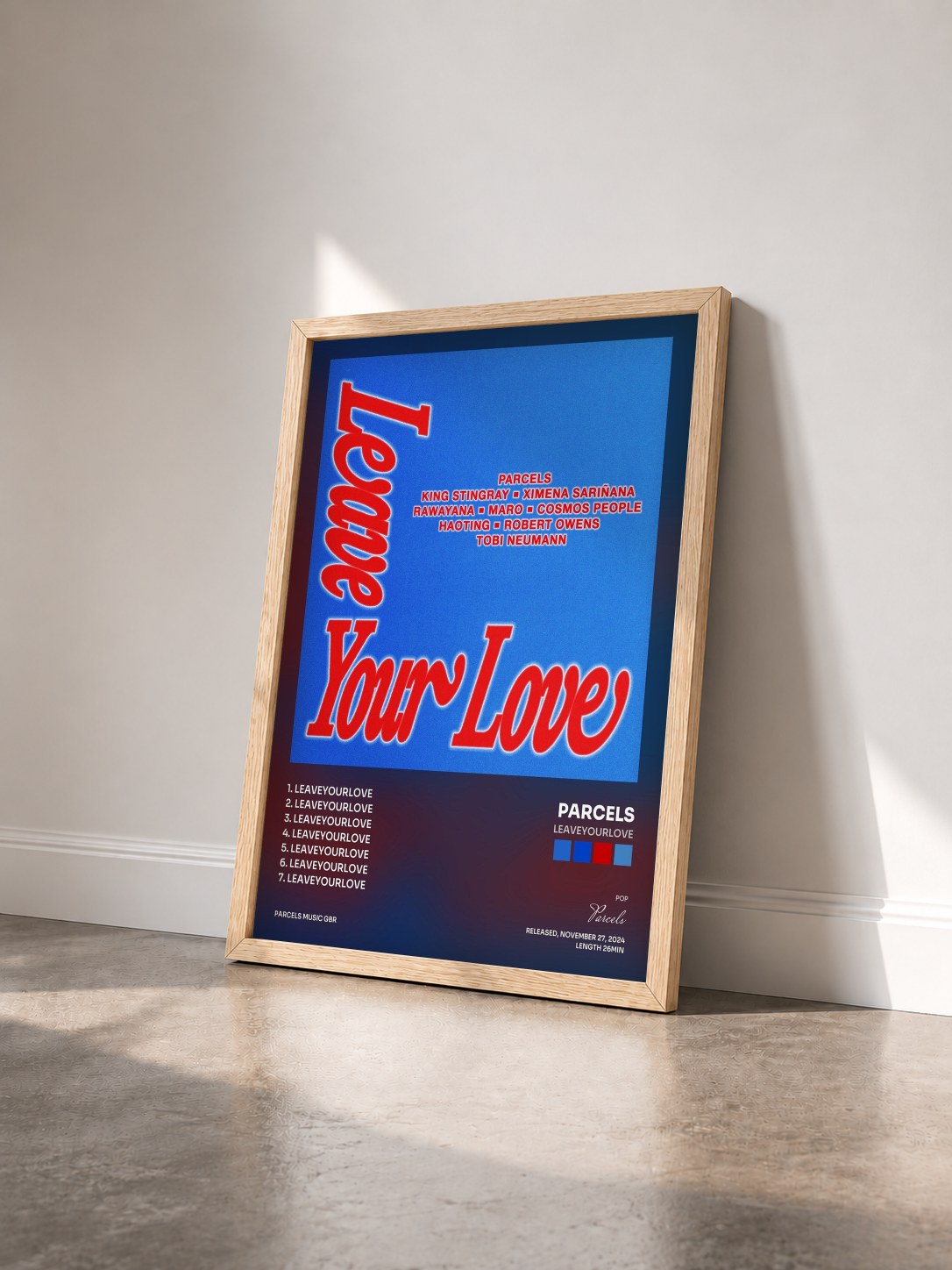 #bois Tableau de l'album Leaveyourlove de Parcels vu de trois quarts, cadre en bois brut