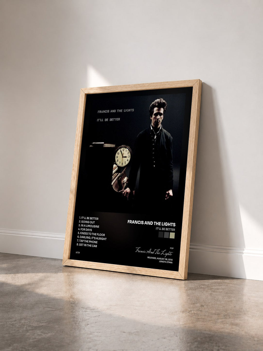 #bois Tableau de l'album It'll Be Better de Francis And The Lights vu de trois quarts, cadre en bois brut