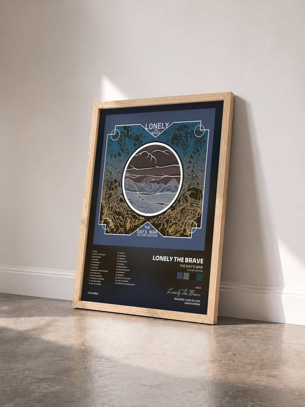 #bois Tableau de l'album The Day's War (Victory Edition) de Lonely The Brave vu de trois quarts, cadre en bois brut