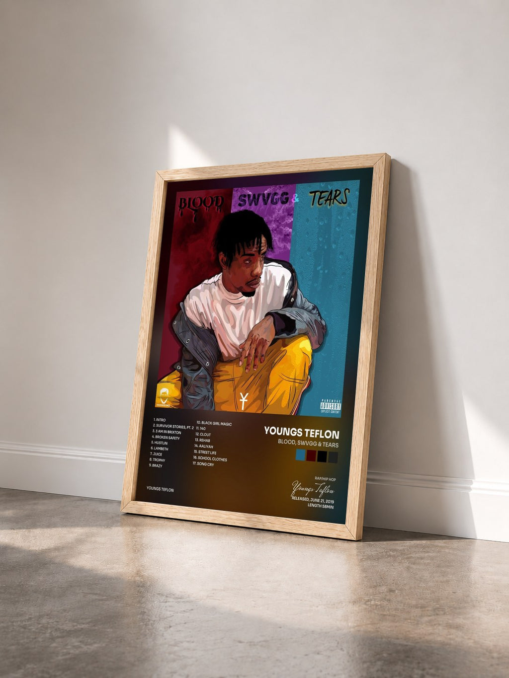 #bois Tableau de l'album Blood, Swvgg & Tears de Youngs Teflon vu de trois quarts, cadre en bois brut