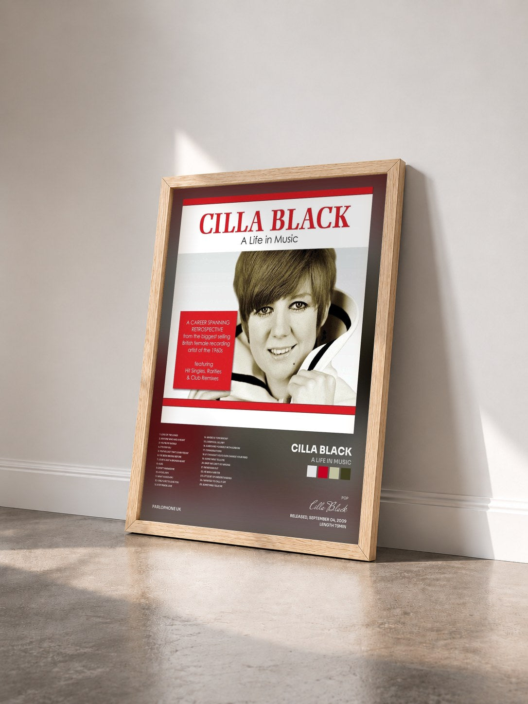 #bois Tableau de l'album A Life in Music de Cilla Black vu de trois quarts, cadre en bois brut