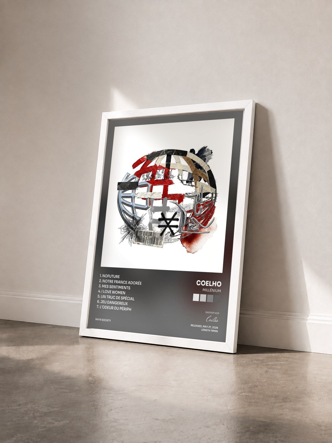 #blanc Tableau de l'album millénium de Coelho vu de trois quarts, cadre blanc