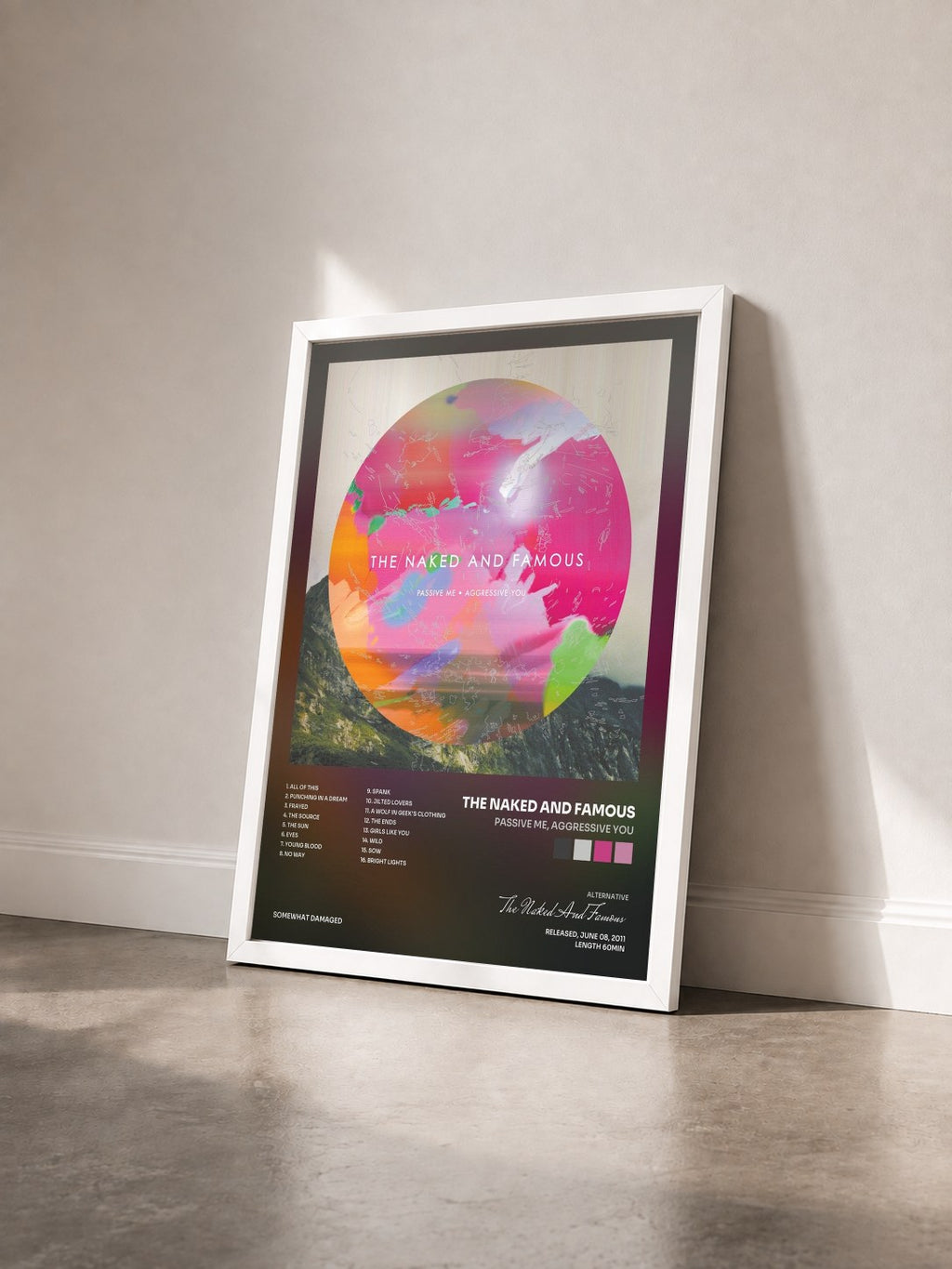 #blanc Tableau de l'album Passive Me, Aggressive You de The Naked And Famous vu de trois quarts, cadre blanc