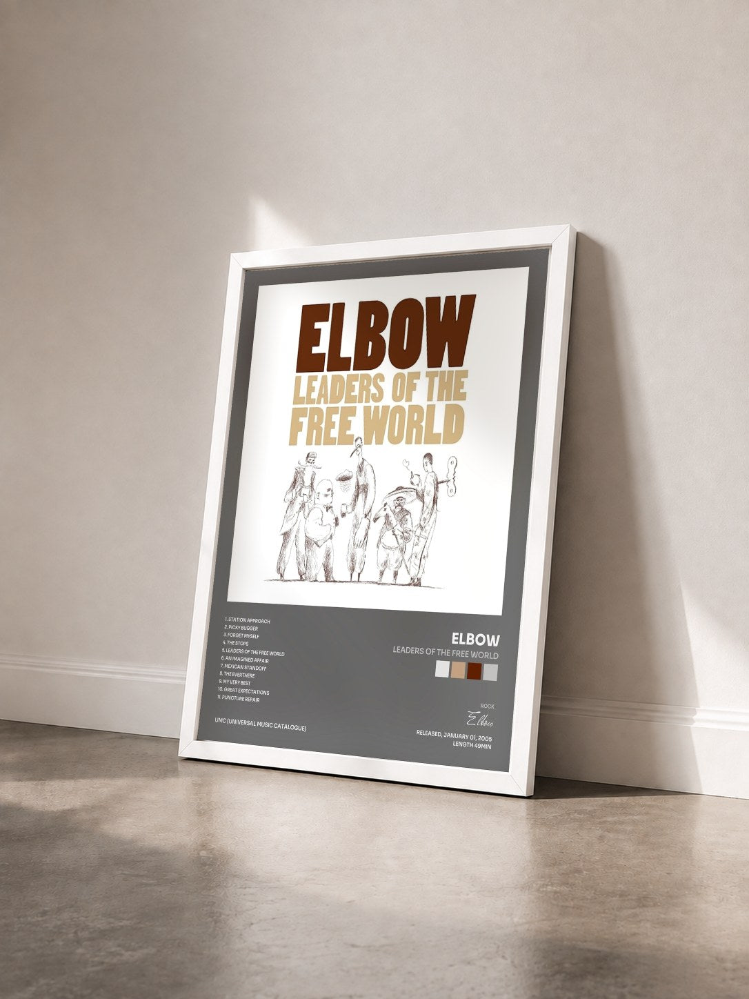 #blanc Tableau de l'album Leaders Of The Free World de Elbow vu de trois quarts, cadre blanc