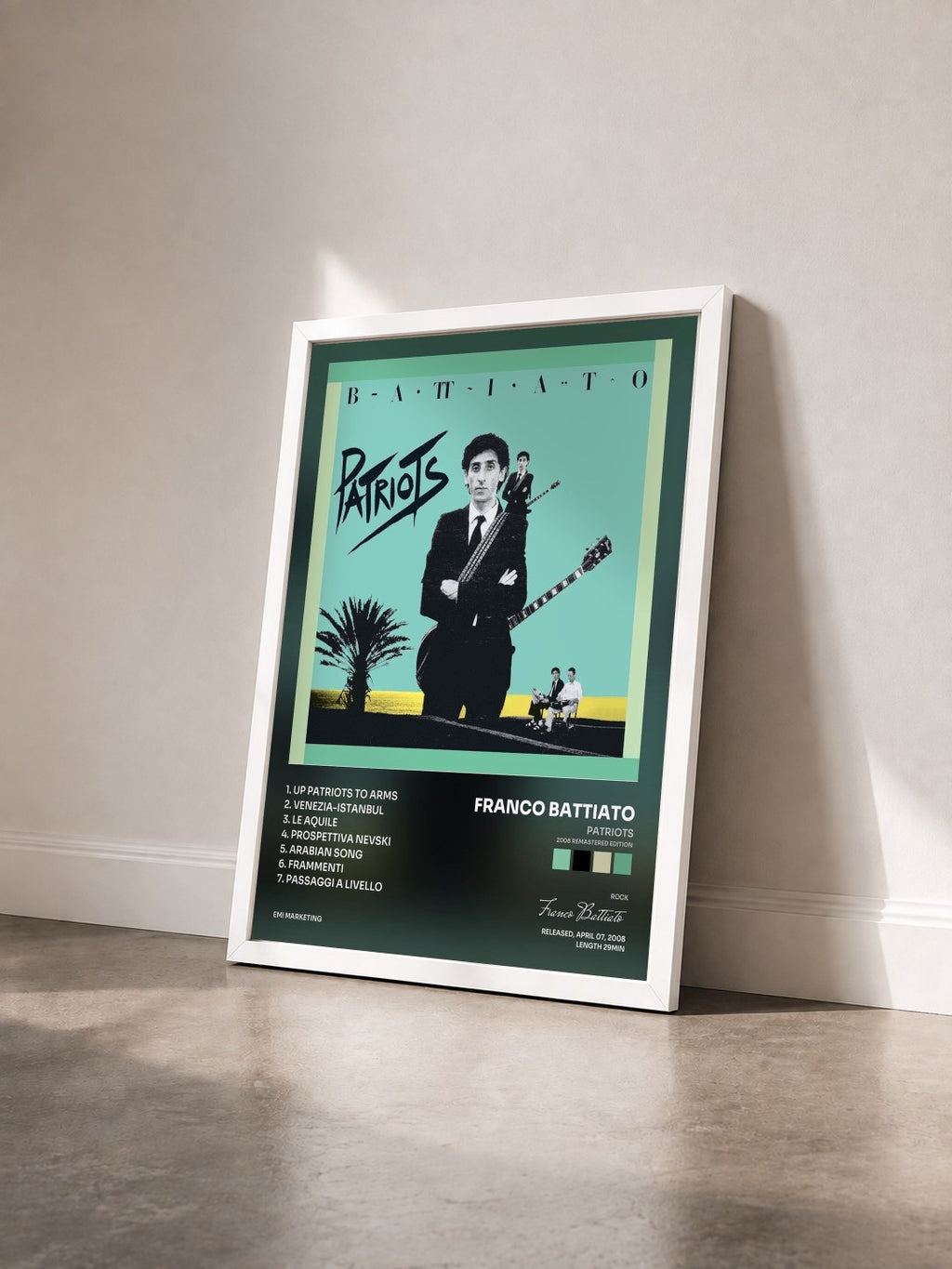 #blanc Tableau de l'album Patriots (2008 Remastered Edition) de Franco Battiato vu de trois quarts, cadre blanc