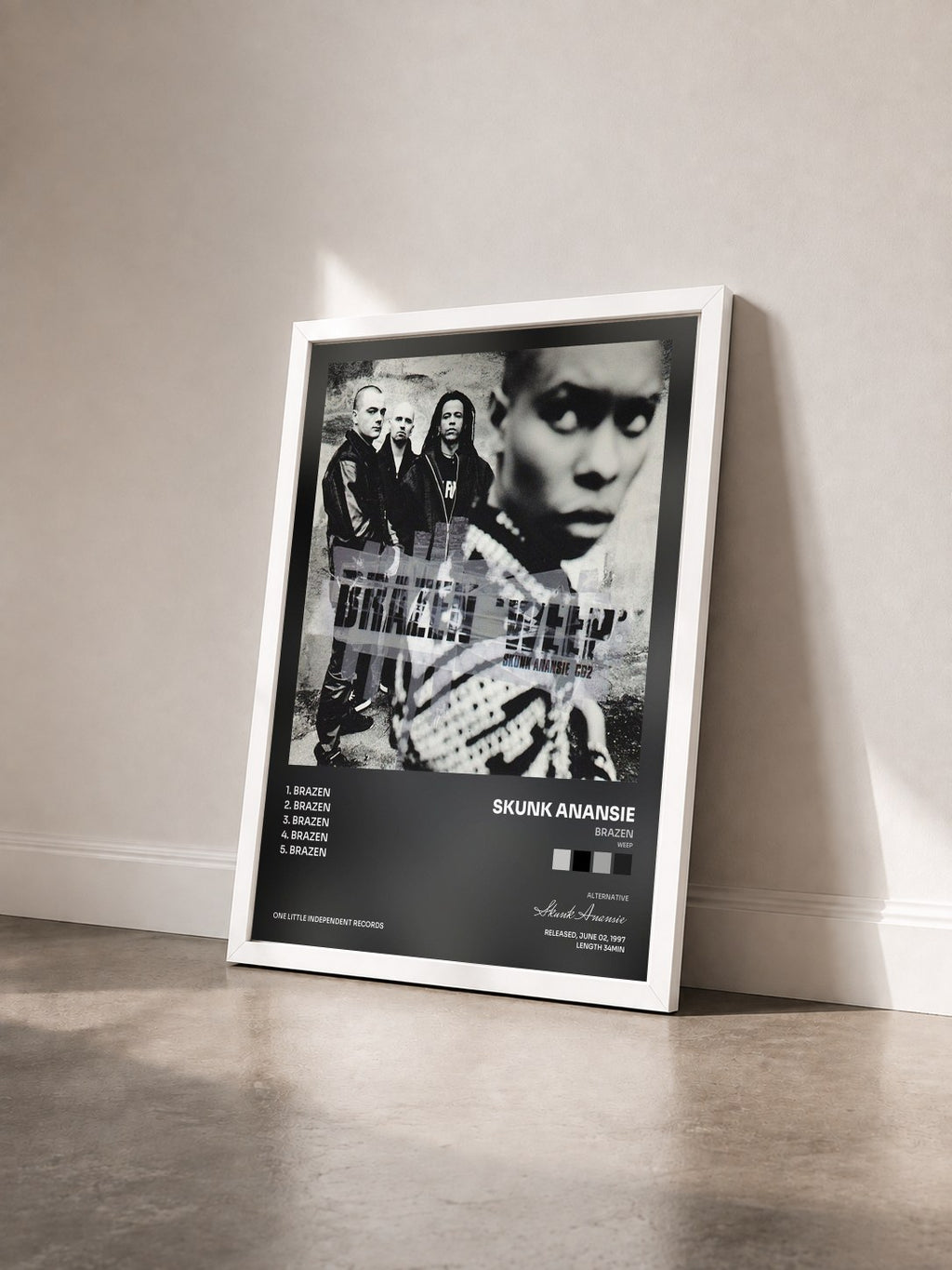 #blanc Tableau de l'album Brazen (Weep) de Skunk Anansie vu de trois quarts, cadre blanc