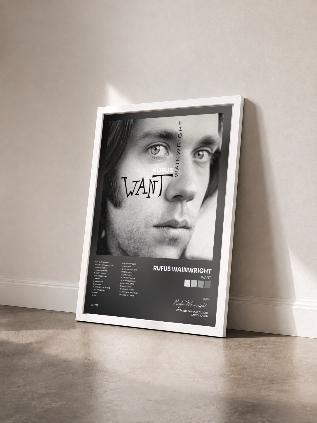 #blanc Tableau de l'album Want de Rufus Wainwright vu de trois quarts, cadre blanc
