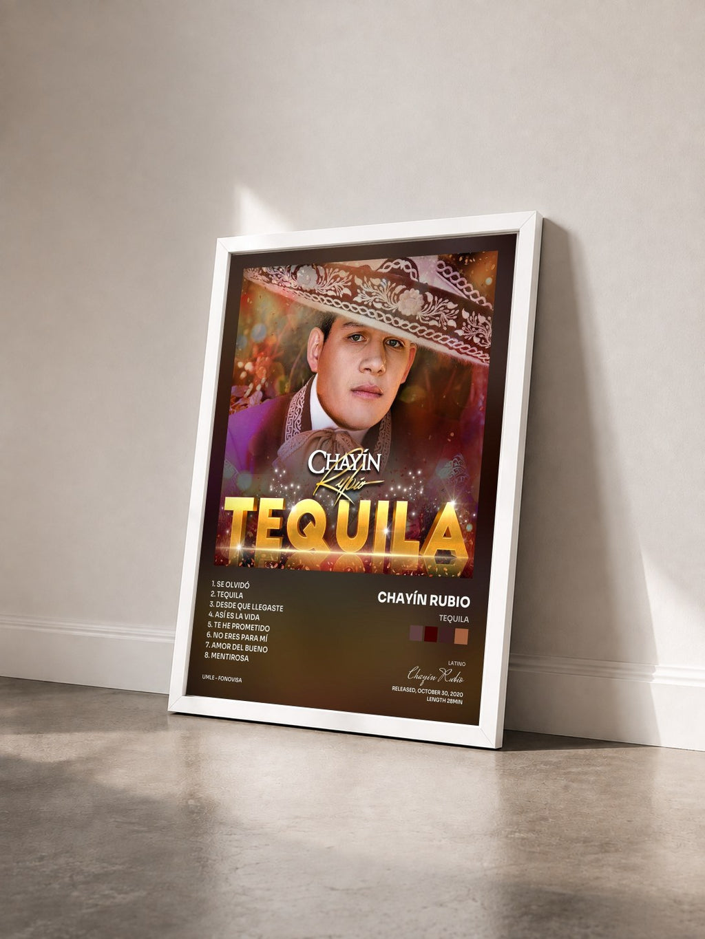 #blanc Tableau de l'album Tequila de Chayín Rubio vu de trois quarts, cadre blanc