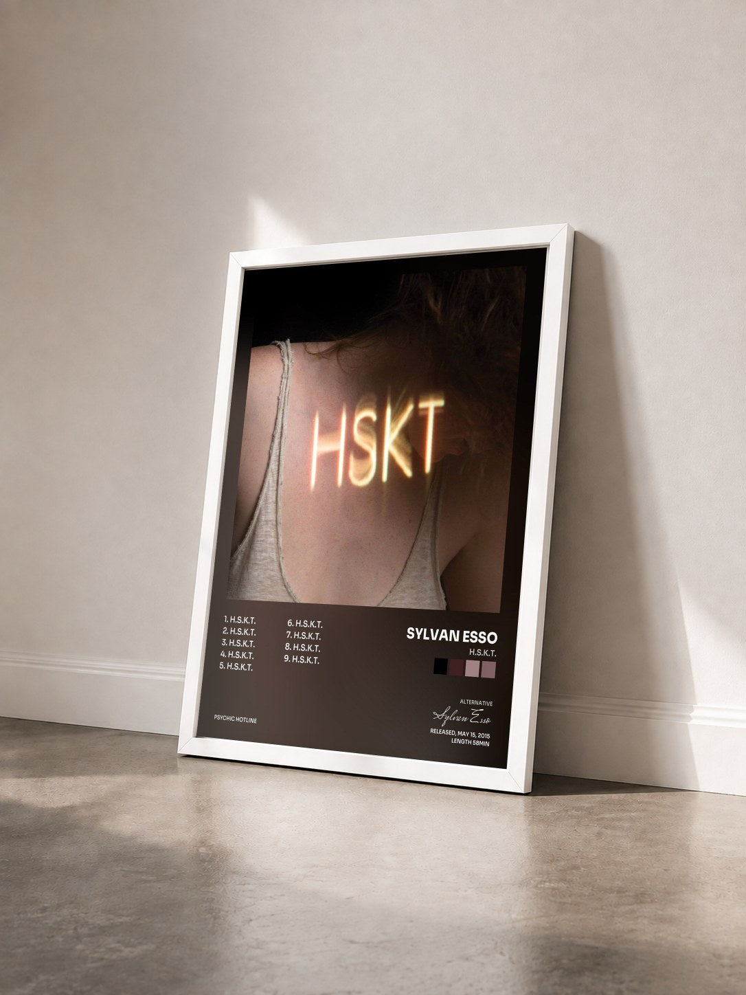 #blanc Tableau de l'album H.S.K.T. de Sylvan Esso vu de trois quarts, cadre blanc