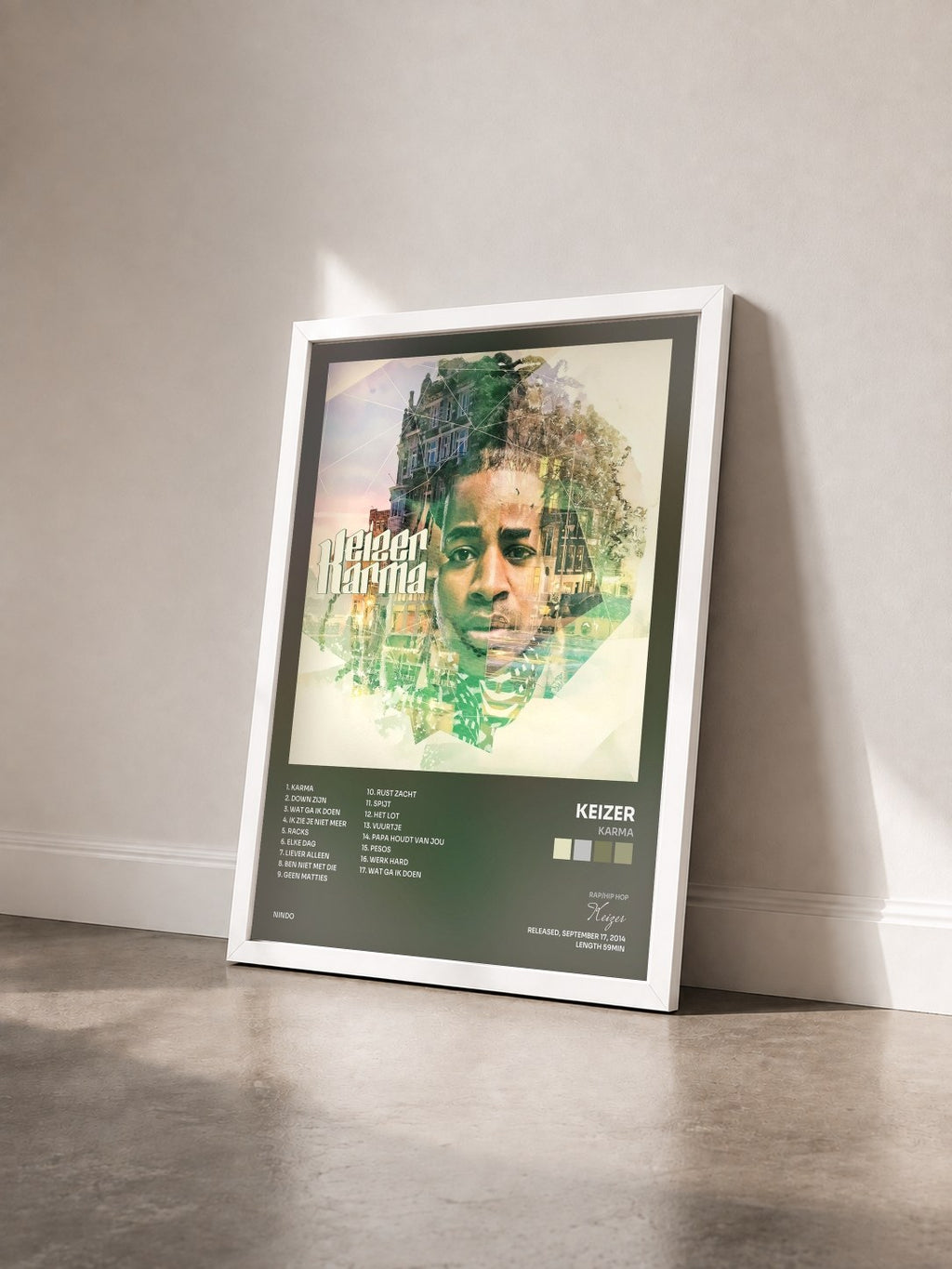 #blanc Tableau de l'album Karma de Keizer vu de trois quarts, cadre blanc