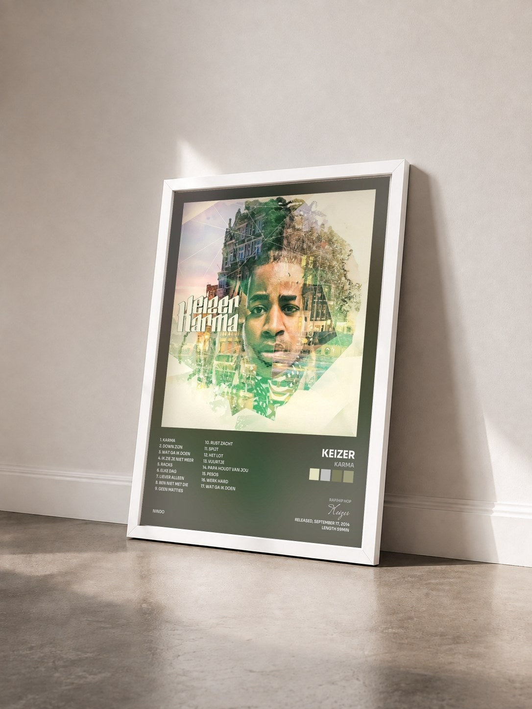#blanc Tableau de l'album Karma de Keizer vu de trois quarts, cadre blanc