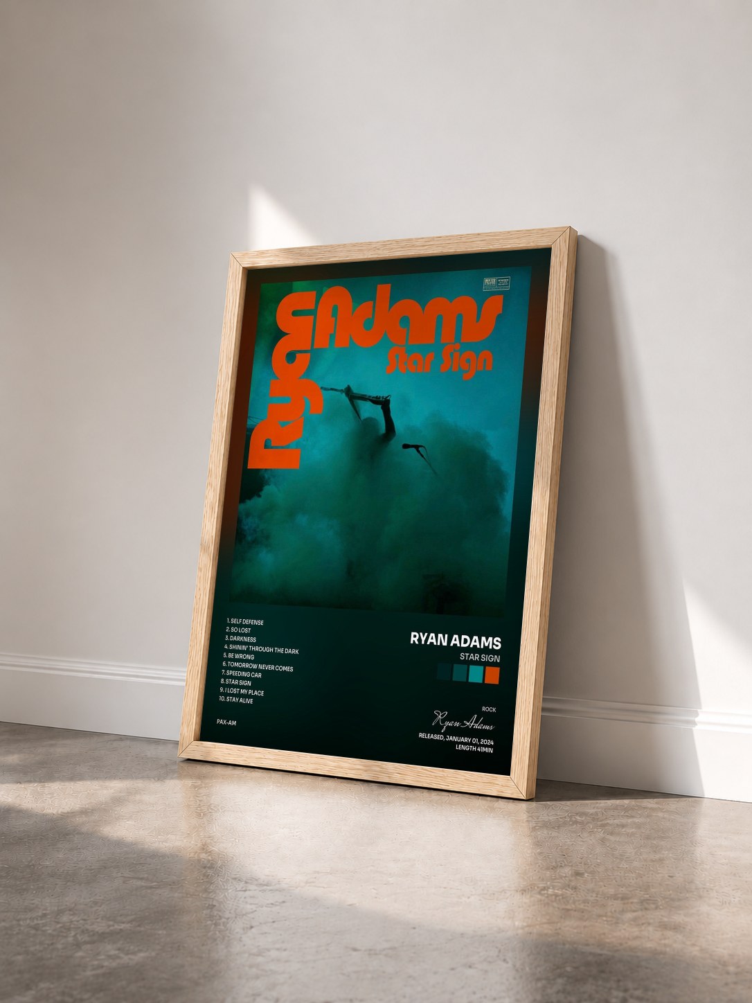 #bois Tableau de l'album Star Sign de Ryan Adams vu de trois quarts, cadre en bois brut