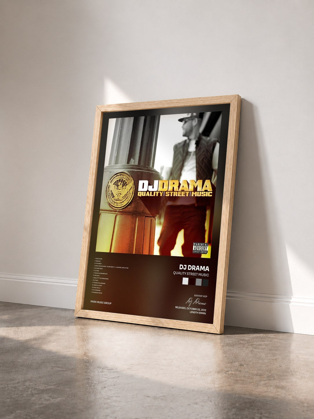 #bois Tableau de l'album Quality Street Music de Dj Drama vu de trois quarts, cadre en bois brut