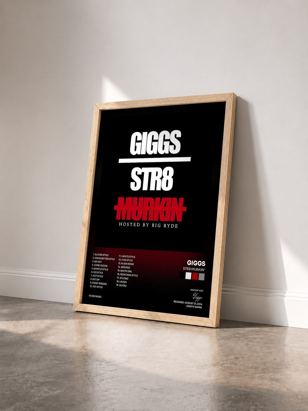 #bois Tableau de l'album Str8 Murkin' de Giggs vu de trois quarts, cadre en bois brut