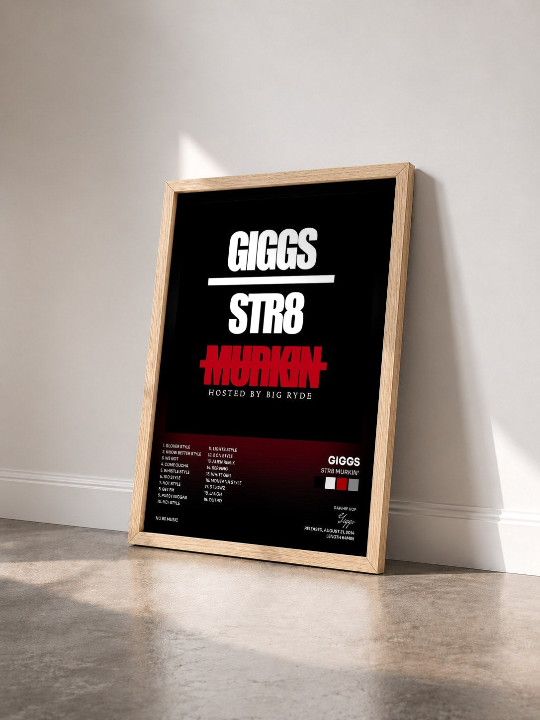 #bois Tableau de l'album Str8 Murkin' de Giggs vu de trois quarts, cadre en bois brut