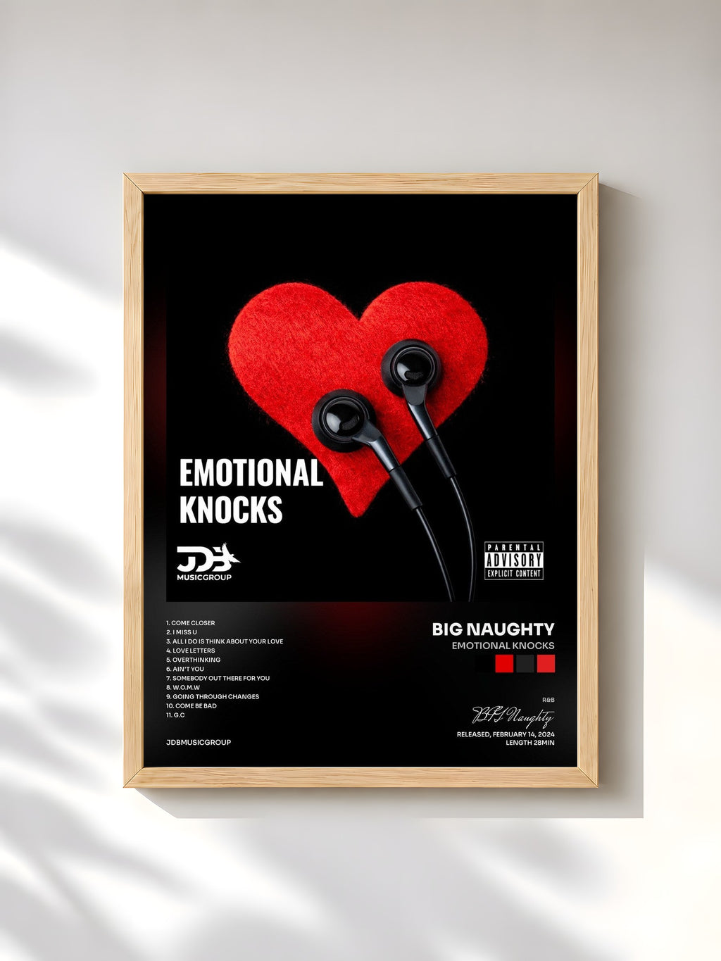 #bois Tableau de l'album Emotional Knocks de BIG Naughty, cadre en bois brut, imprimé et encadré en France