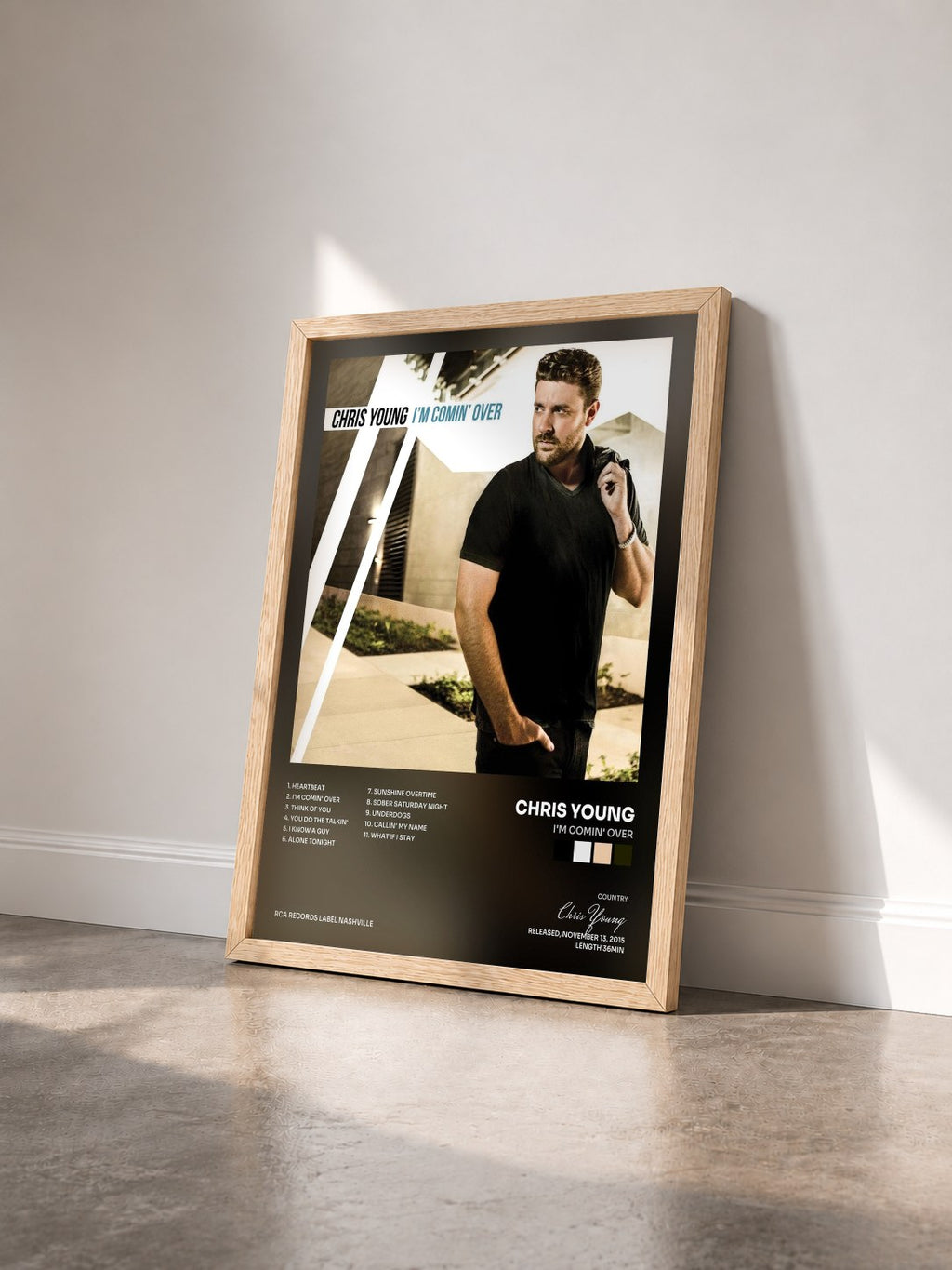 #bois Tableau de l'album I'm Comin' Over de Chris Young vu de trois quarts, cadre en bois brut