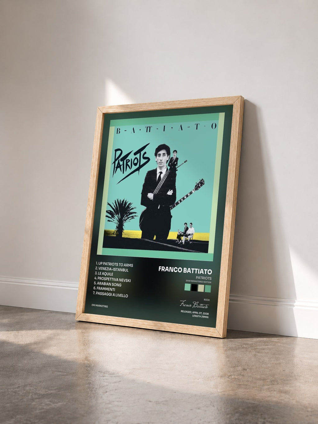 #bois Tableau de l'album Patriots (2008 Remastered Edition) de Franco Battiato vu de trois quarts, cadre en bois brut