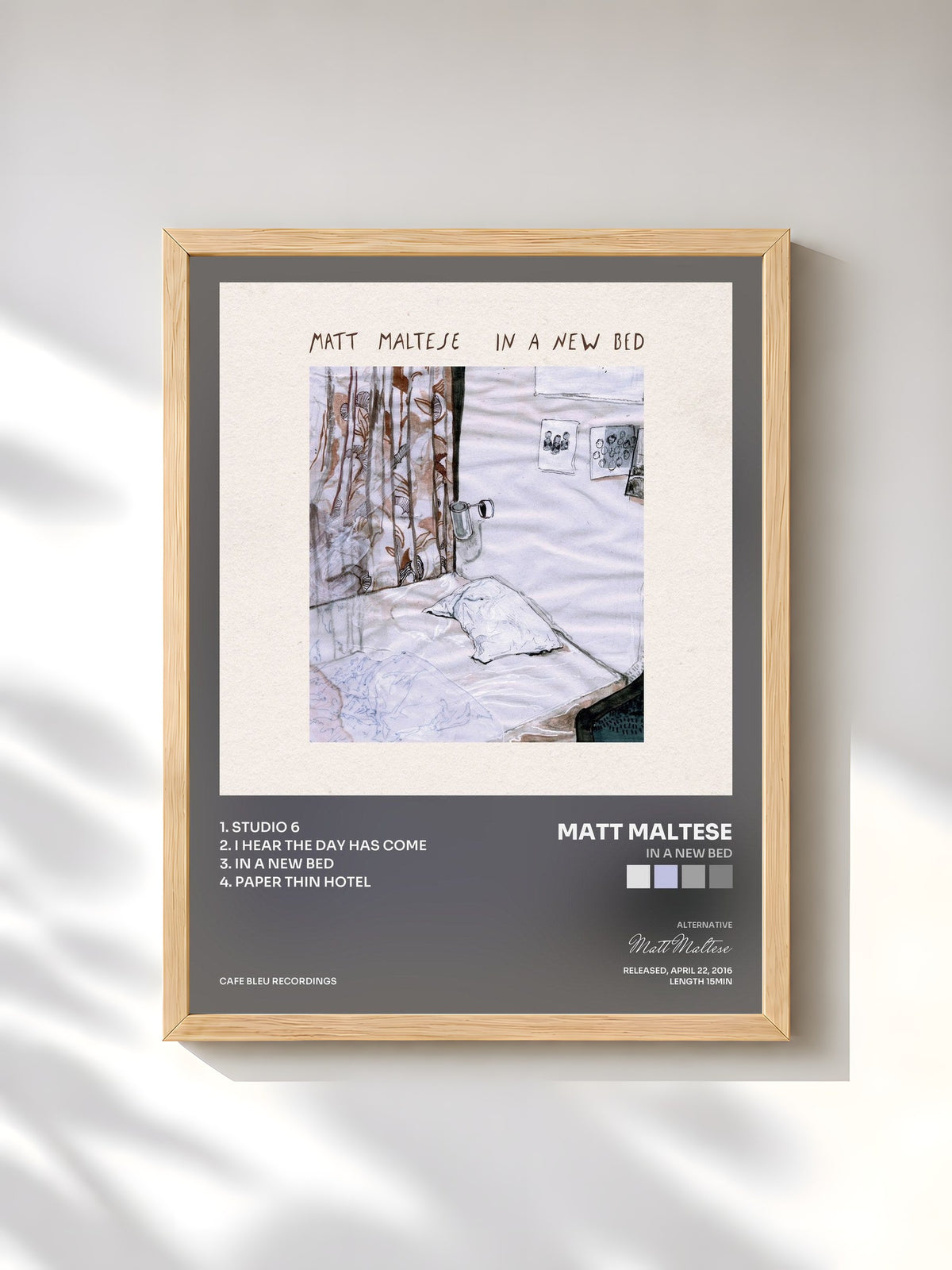 #bois Tableau de l'album In a New Bed de Matt Maltese, cadre en bois brut, imprimé et encadré en France